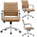 2Xhome Tan Office Chairs Mid Back Ribbed Pu Leather Conference Room Home Office Boss Chrome With Arms Wheels Work