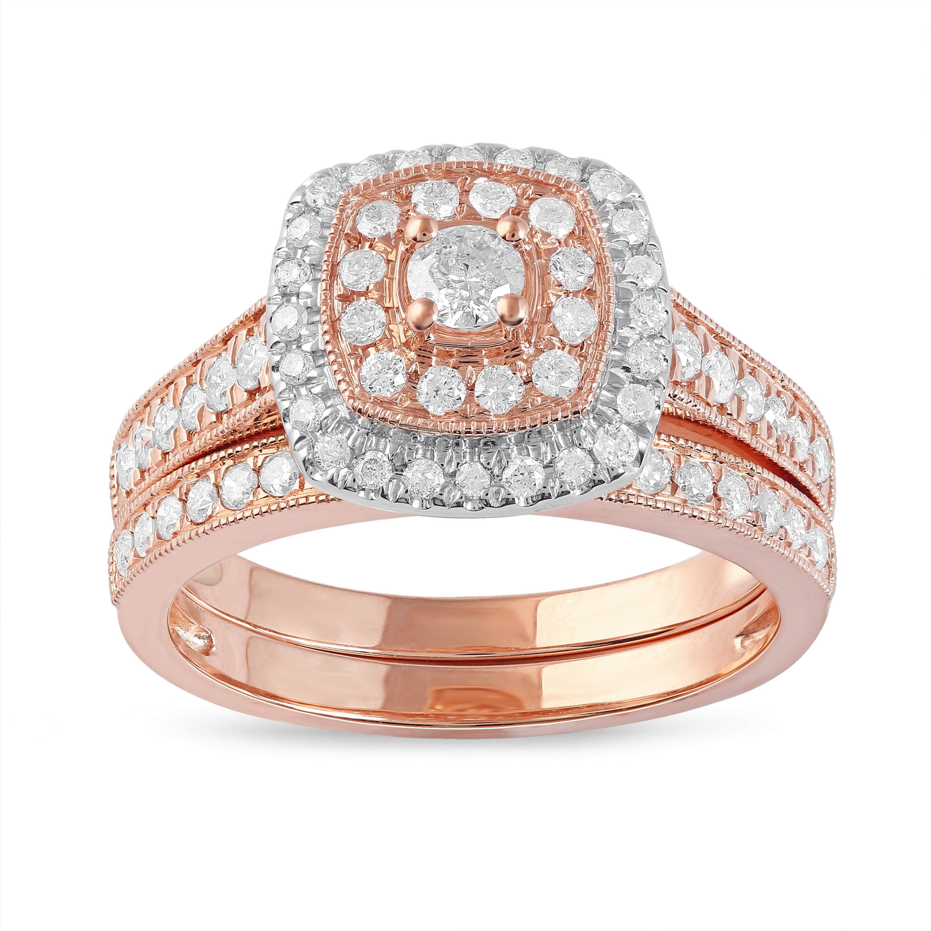 De Couer 14K Rose Gold 3 4Ct Tdw Diamond Double Halo Bridal Ring Set Pink
