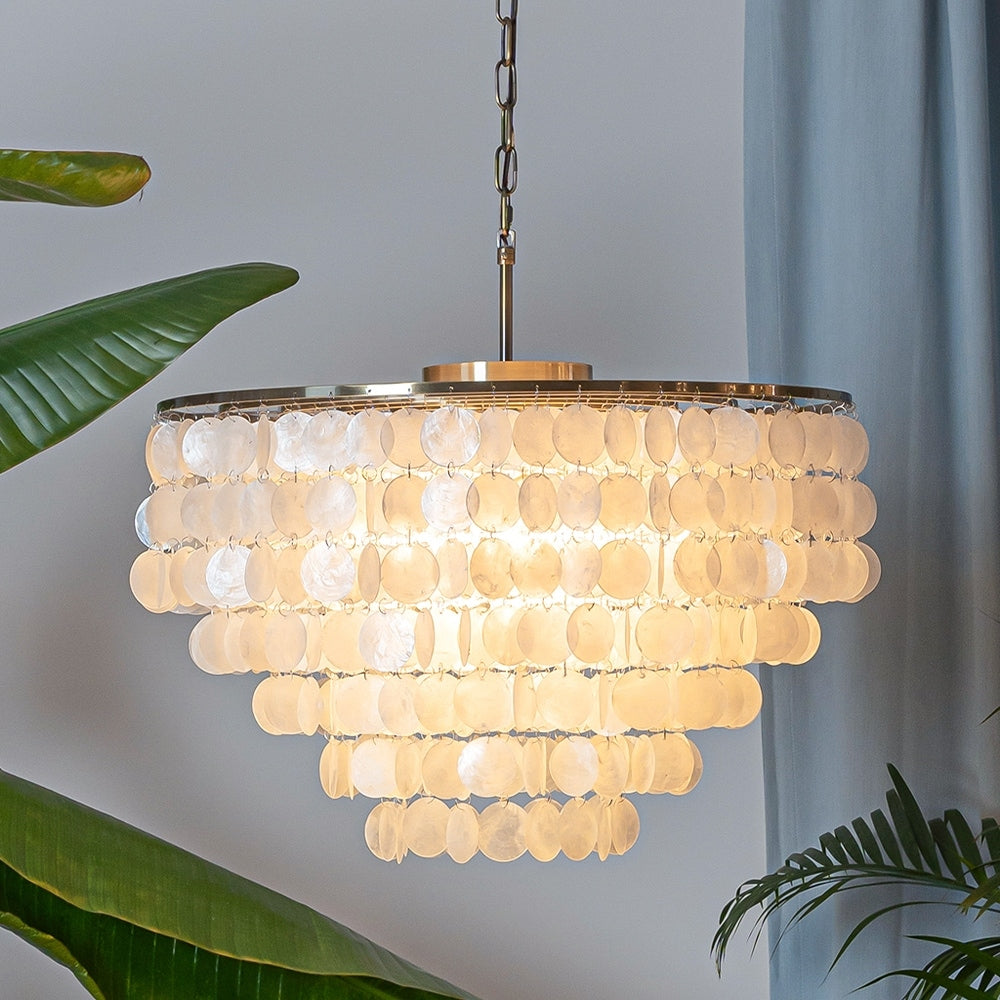 3 Lights Unique Tiered Antique Bronze Capiz Chandelier With Seashell Accents