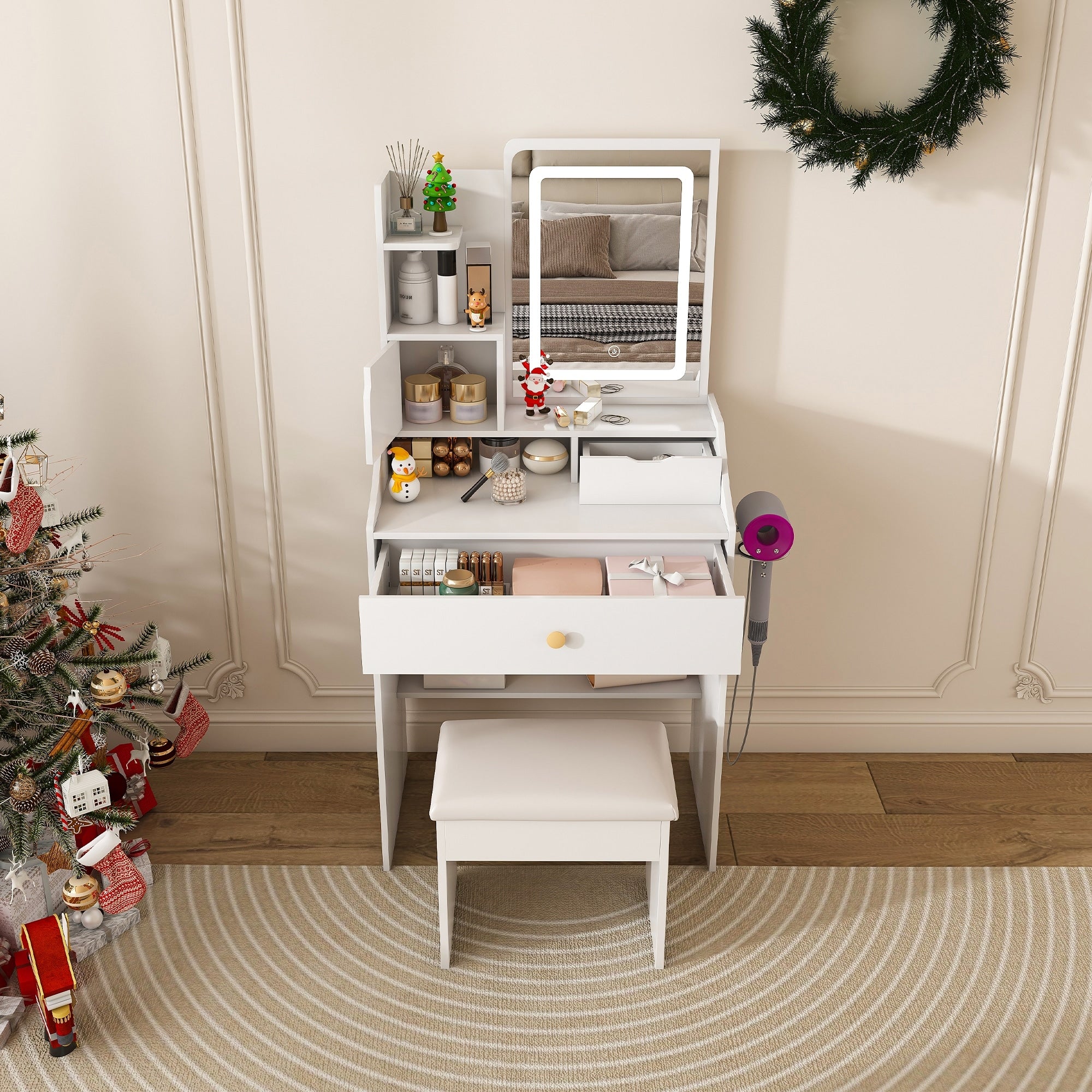 3 Color Led Vanity Mirror With Stool Dressing Table 2 Drawers 5 Storage Cabinets 4 Open 1 Hidden Adjustable Lighting