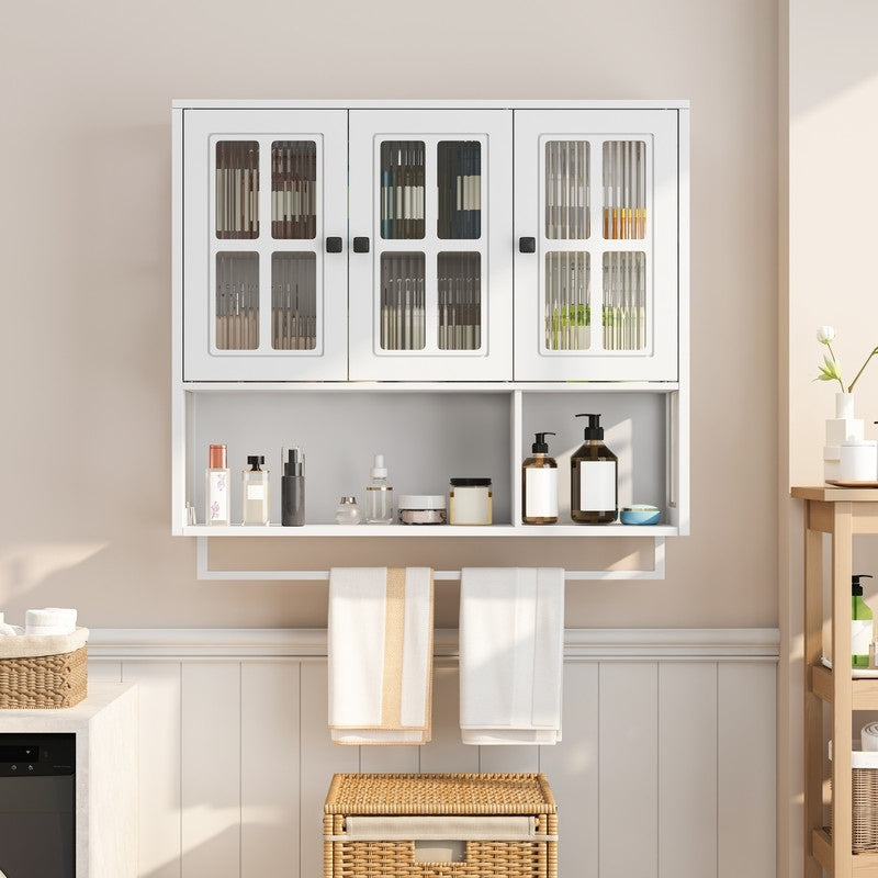 3 Door Wall Cabinet With Fluted Glass Towel Bar Modern Storage Solution