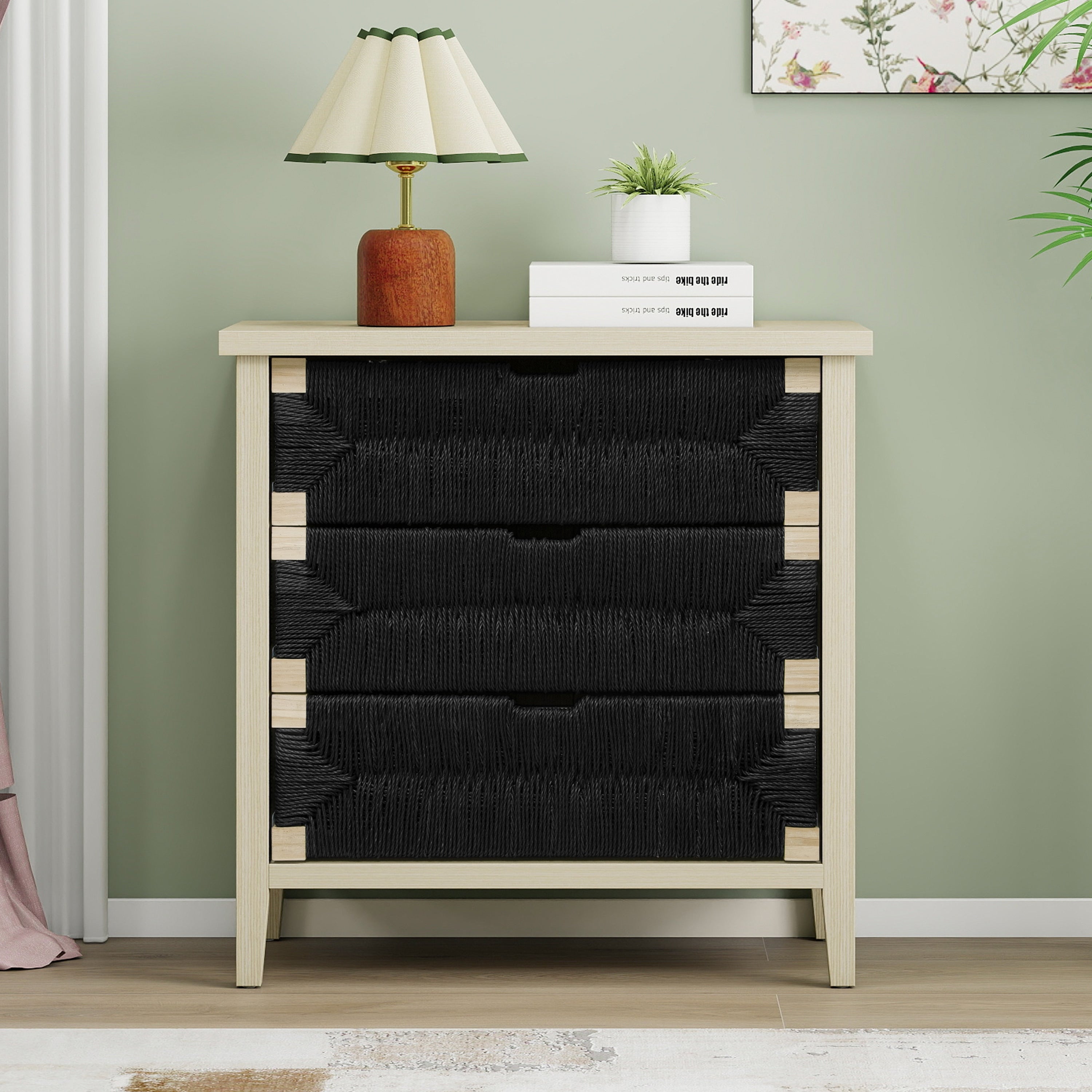 3 Drawer Buffet Sideboard With Adjustable Shelves Storage Cabinet With Hand Woven Rope Decorated Drawers For Living Room