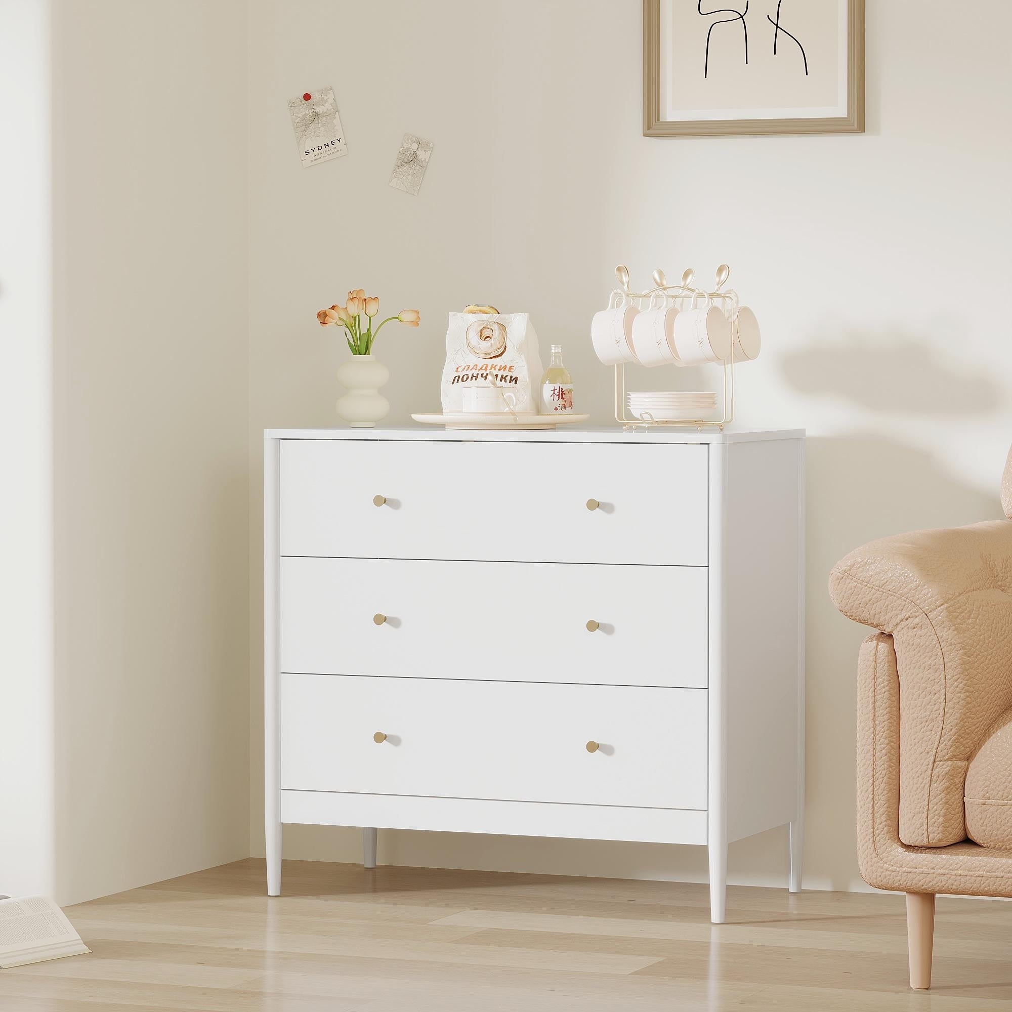 3 Drawer Dresser Chest Modern White Storage Cabinet Mdf Wood Organizer For Bedroom Living Room Entryway