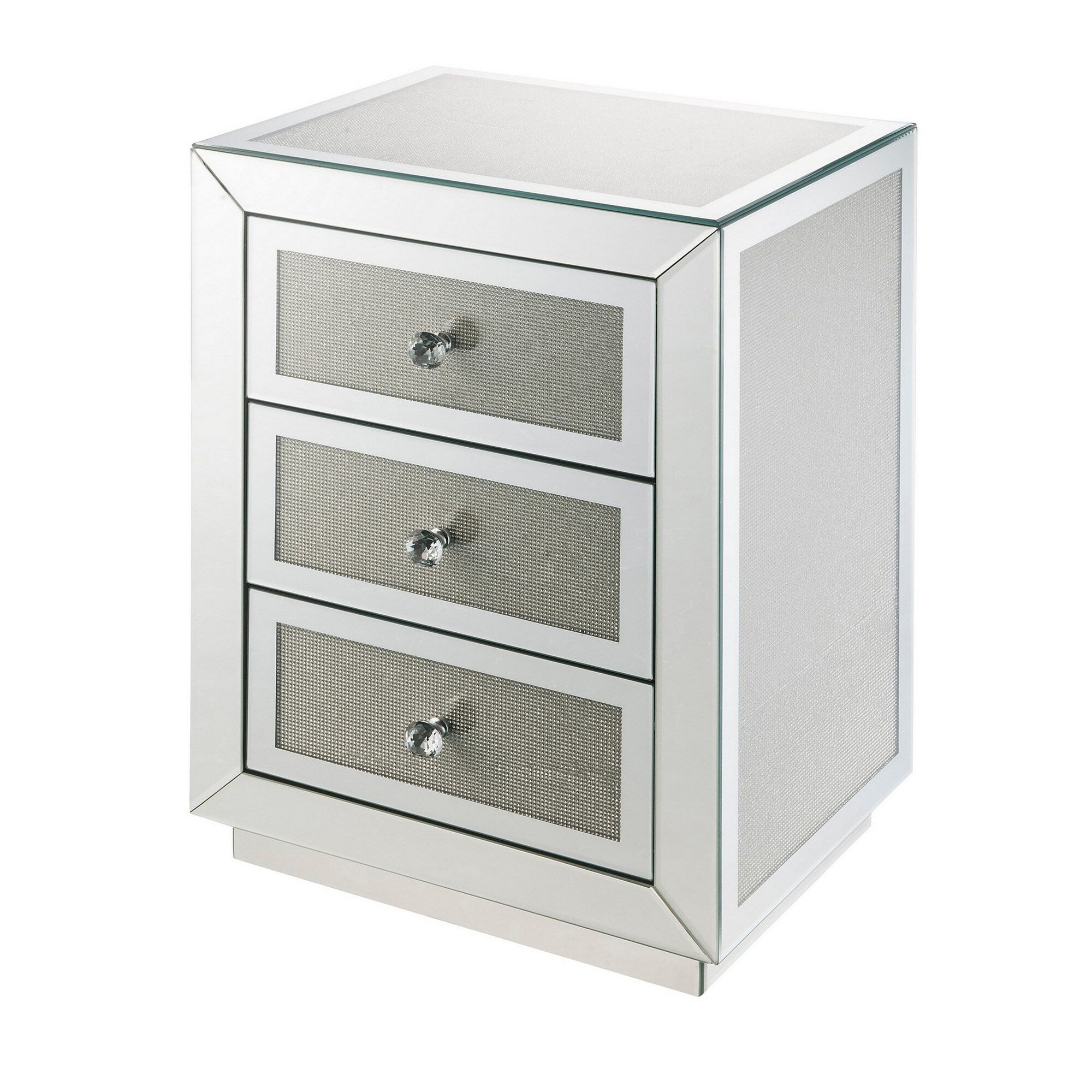 3 Drawer Mirrored Accent Table With Faux Diamond Inlay Silver
