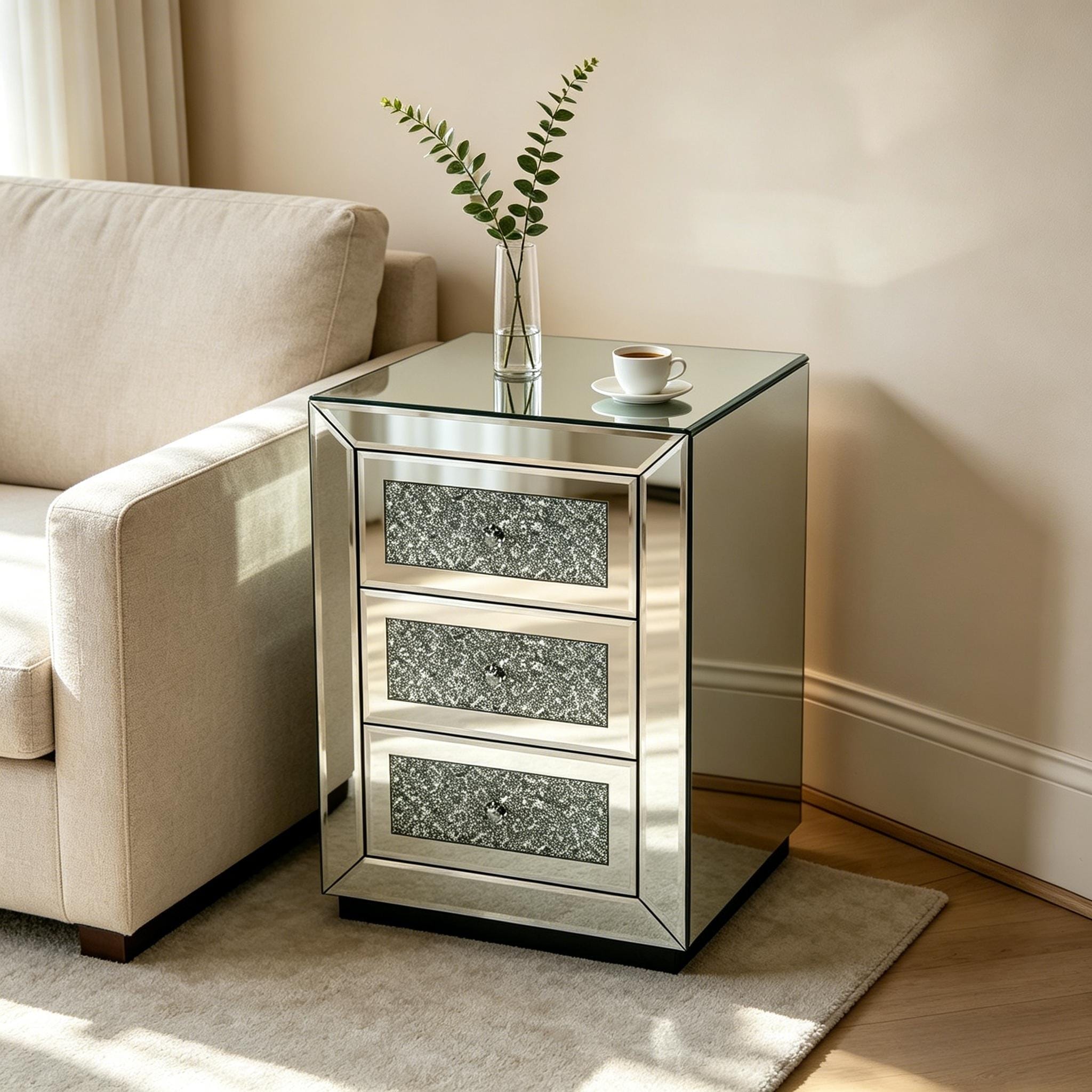 3 Drawer Mirrored Nightstand Bedside Table Glass Accent End Table Silver
