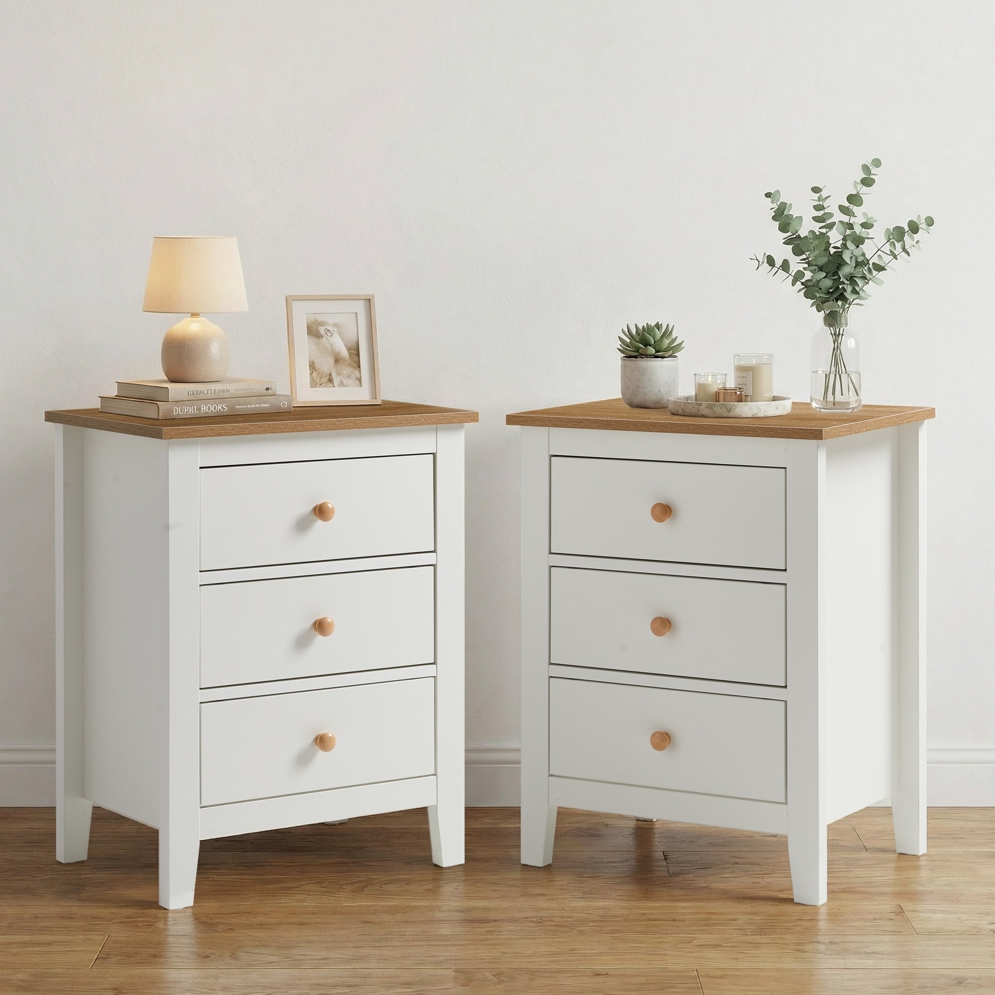 3 Drawer Nightstand Set Of 2 Bedside Tables With Solid Wood Knobs