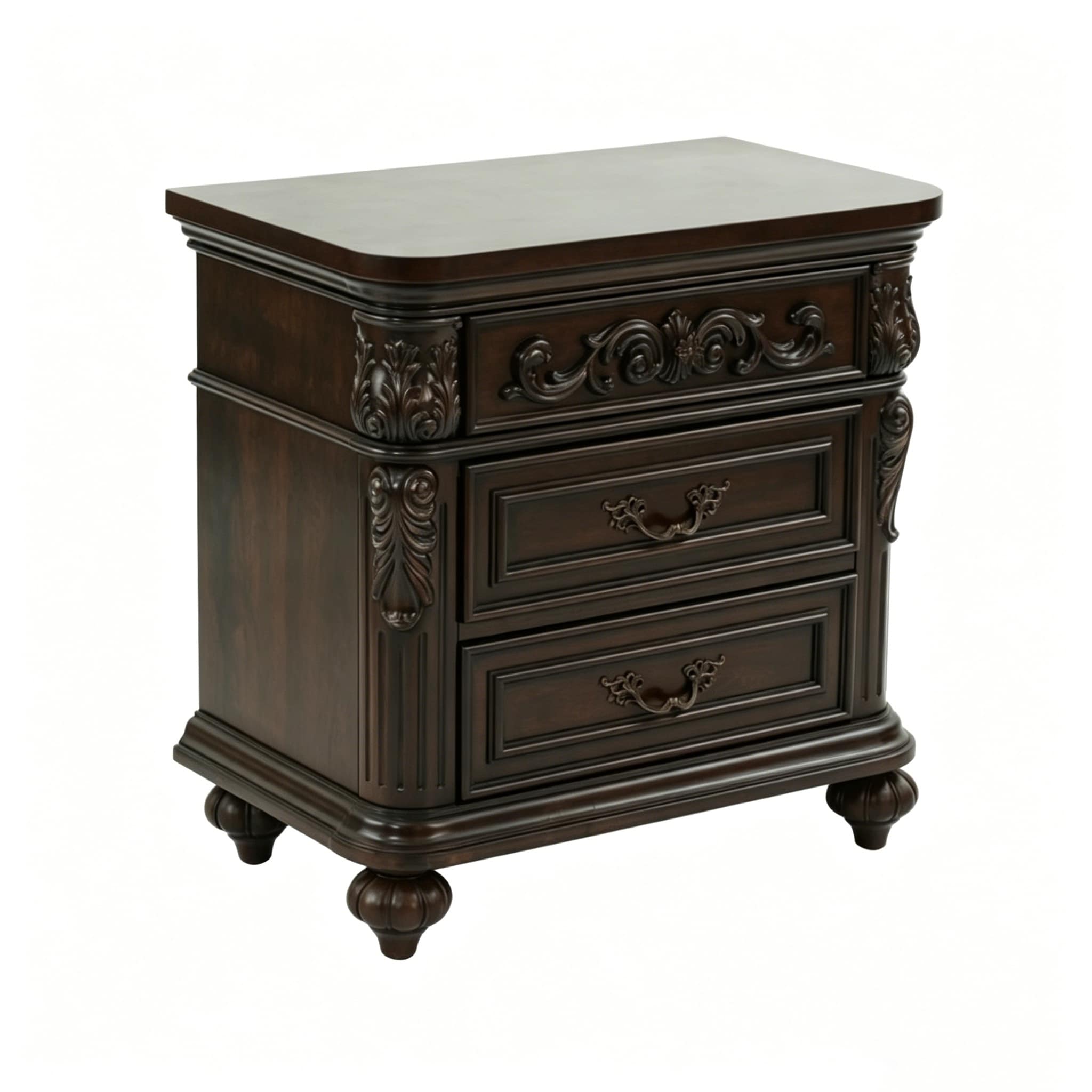3 Drawer Nightstand Solid Wood Frame Traditional Bedside Table With Carved Details Dark Cherry Finish 28 W Storage Cabinet