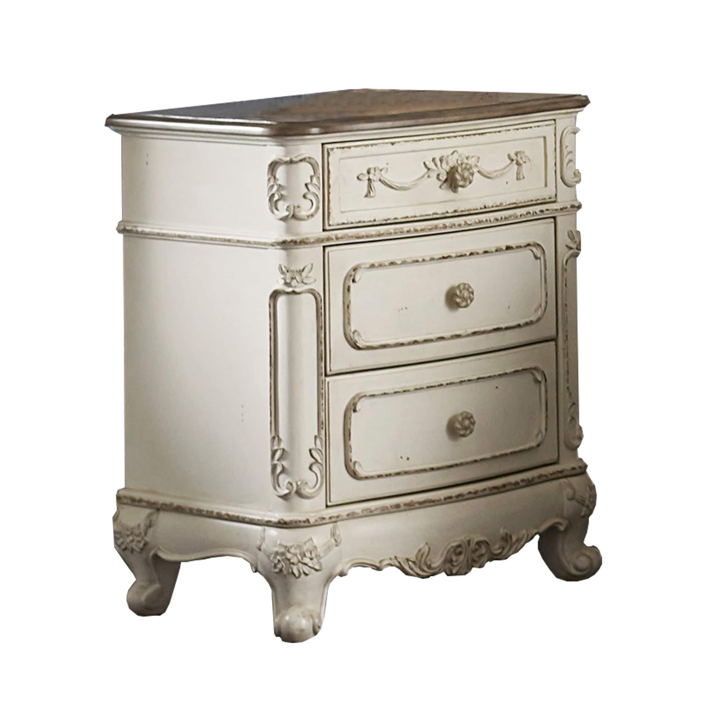 3 Drawer Nightstand With Floral Motif Carving Details Antique White And Brown