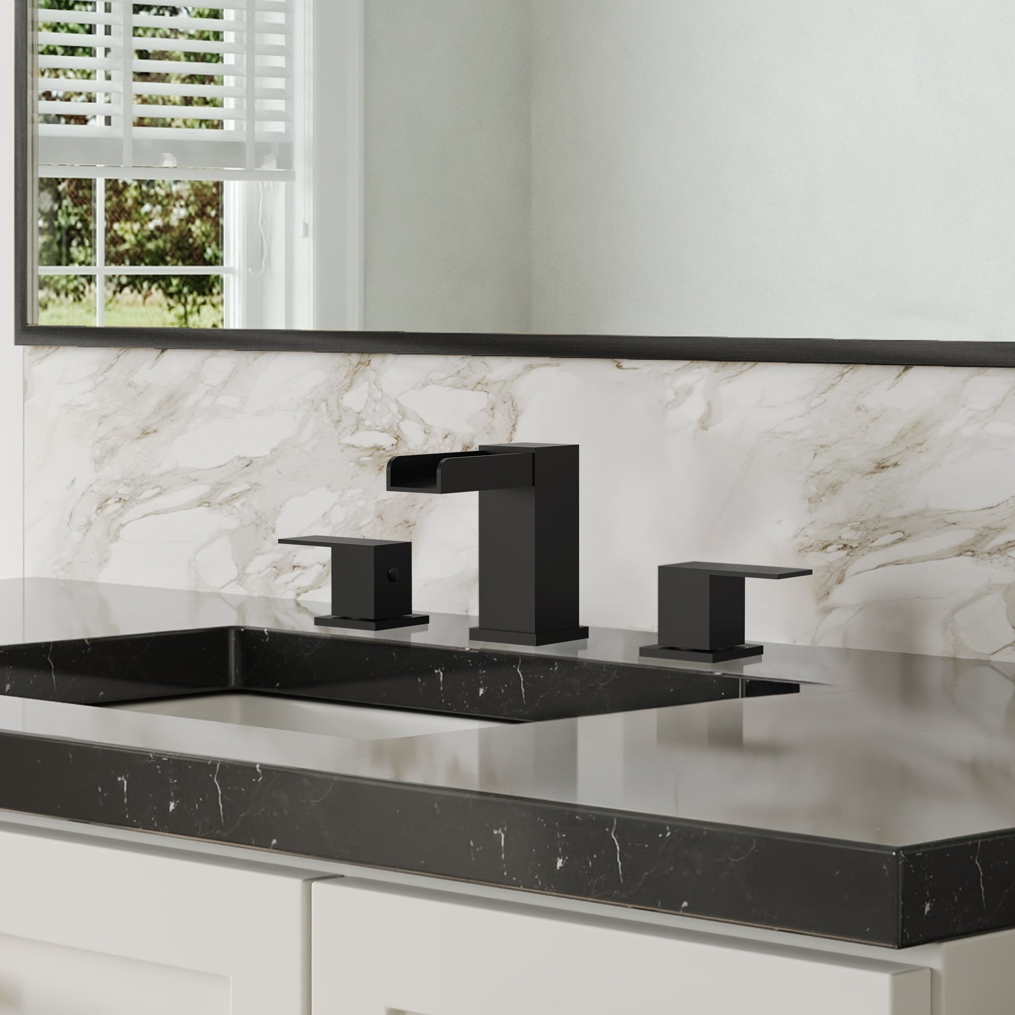 Widespread Bathroom Sink Faucet With Metal Drain Assembly Double Handle Waterfall Spout Bathroom Sink Faucets