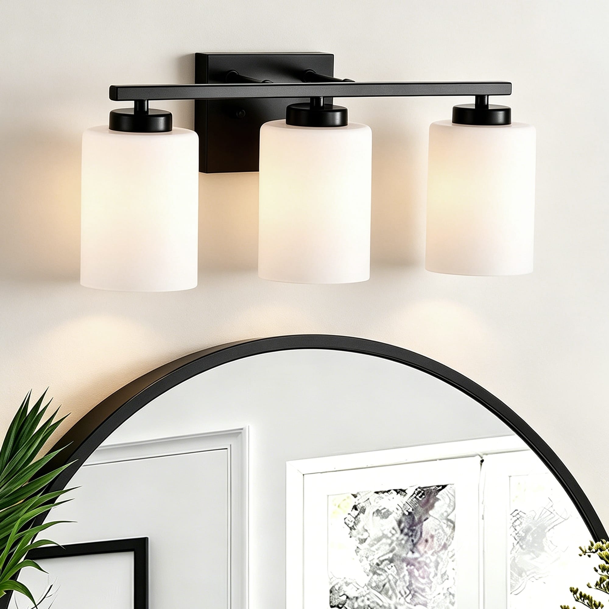 3 Light 17 In. Matte Black Vanity Light With Frosted White Glass Shades Dimmable Up Down Light Damp Rated