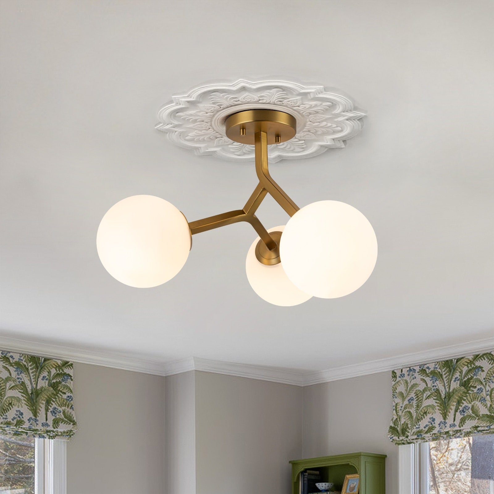 3 Light Opal Glass Sputnik Semi Flush Mount Gold