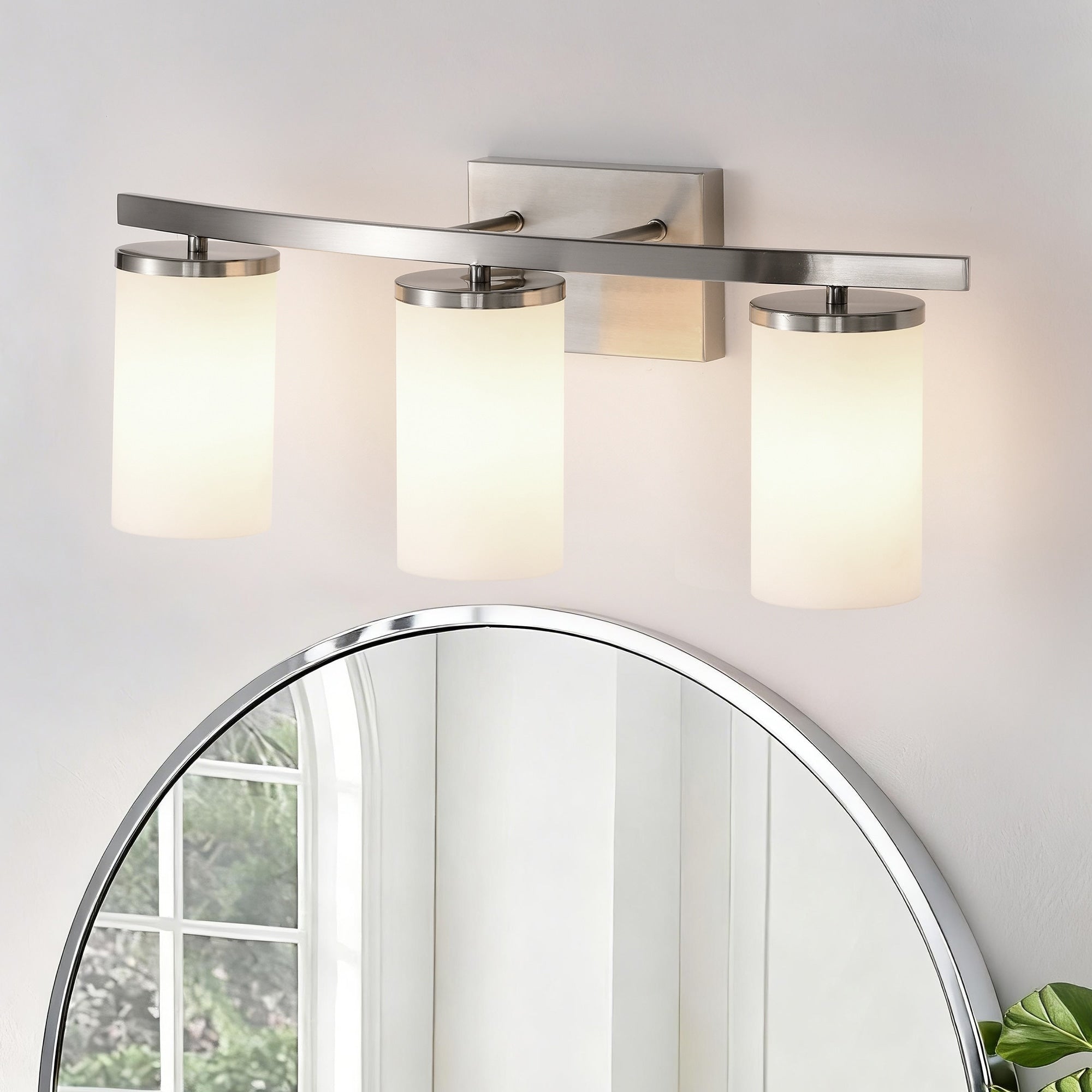 3 Light 23 In. Brushed Nickel Bathroom Vanity Light With White Glass Shades