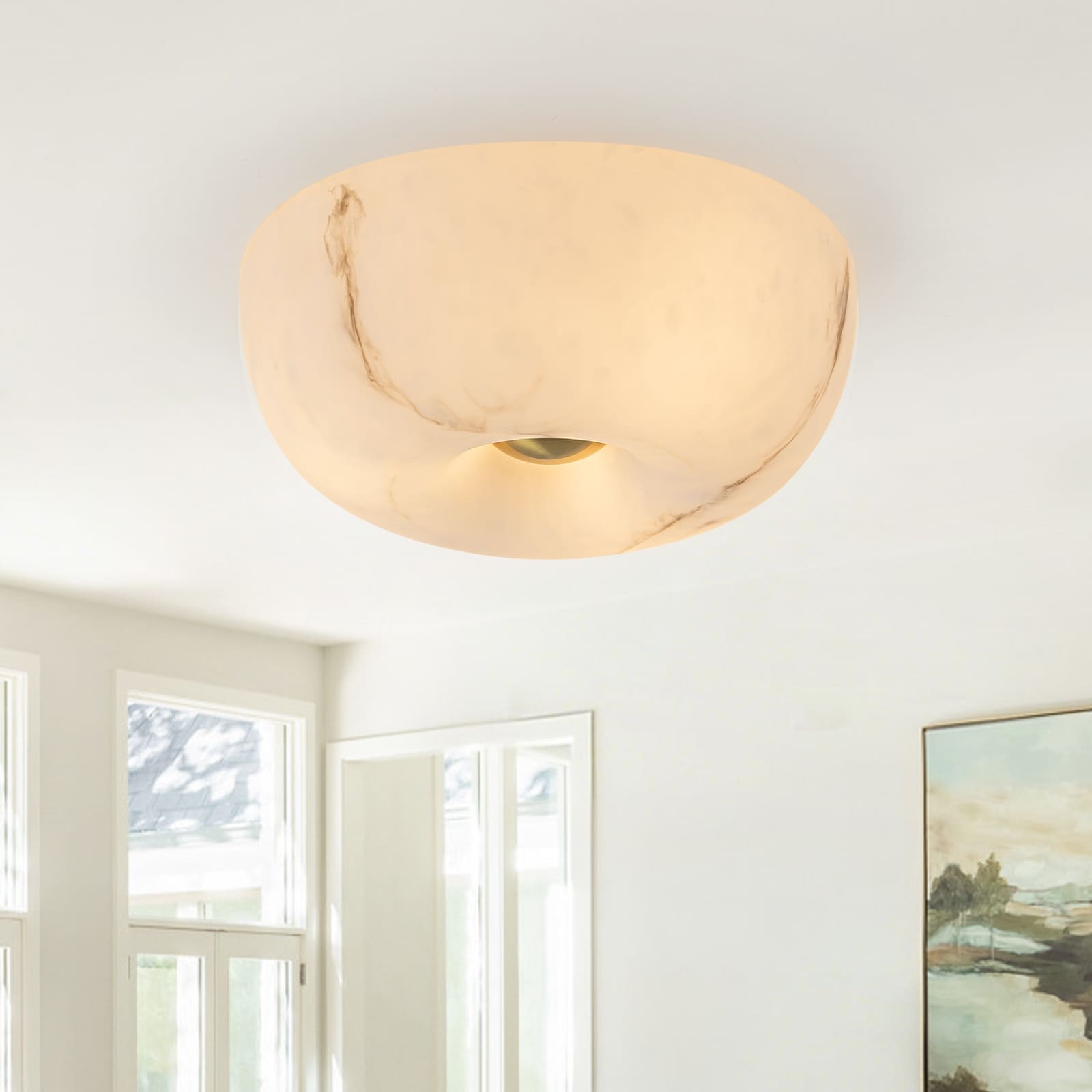 3 Light Antique Flush Mount Ceiling Light With Faux Marble Glass Shade Dia.11.81 Inch