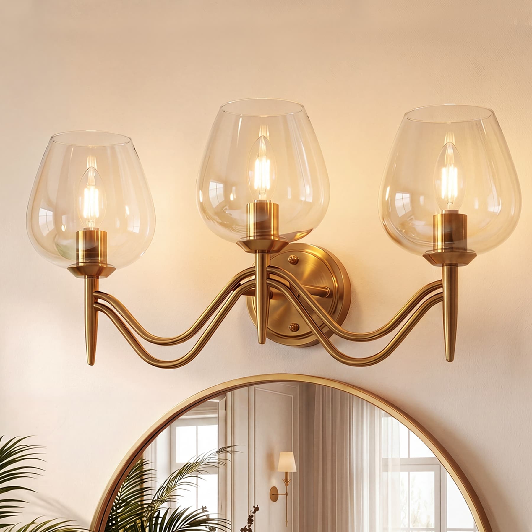 3 Light Bathroom Vanity Light Gold Metal Clear Glass Wall Sconce