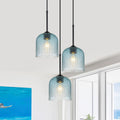 3 Light Black Cluster Pendant Blue Textured Glass Adjustable Modern 3 Lights