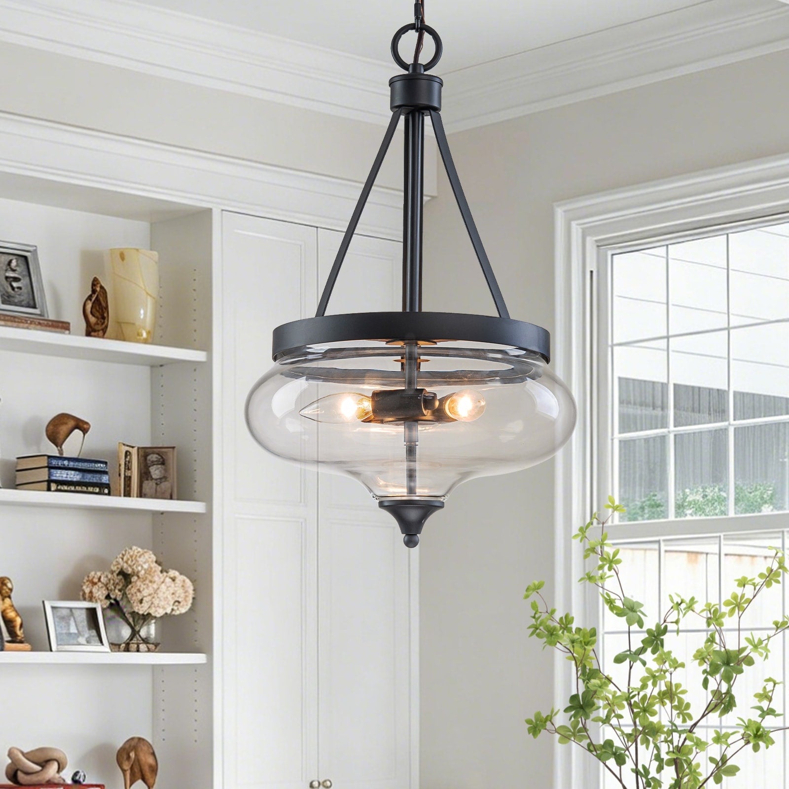 3 Light Black Farmhouse Clear Glass Drum Pendant Light