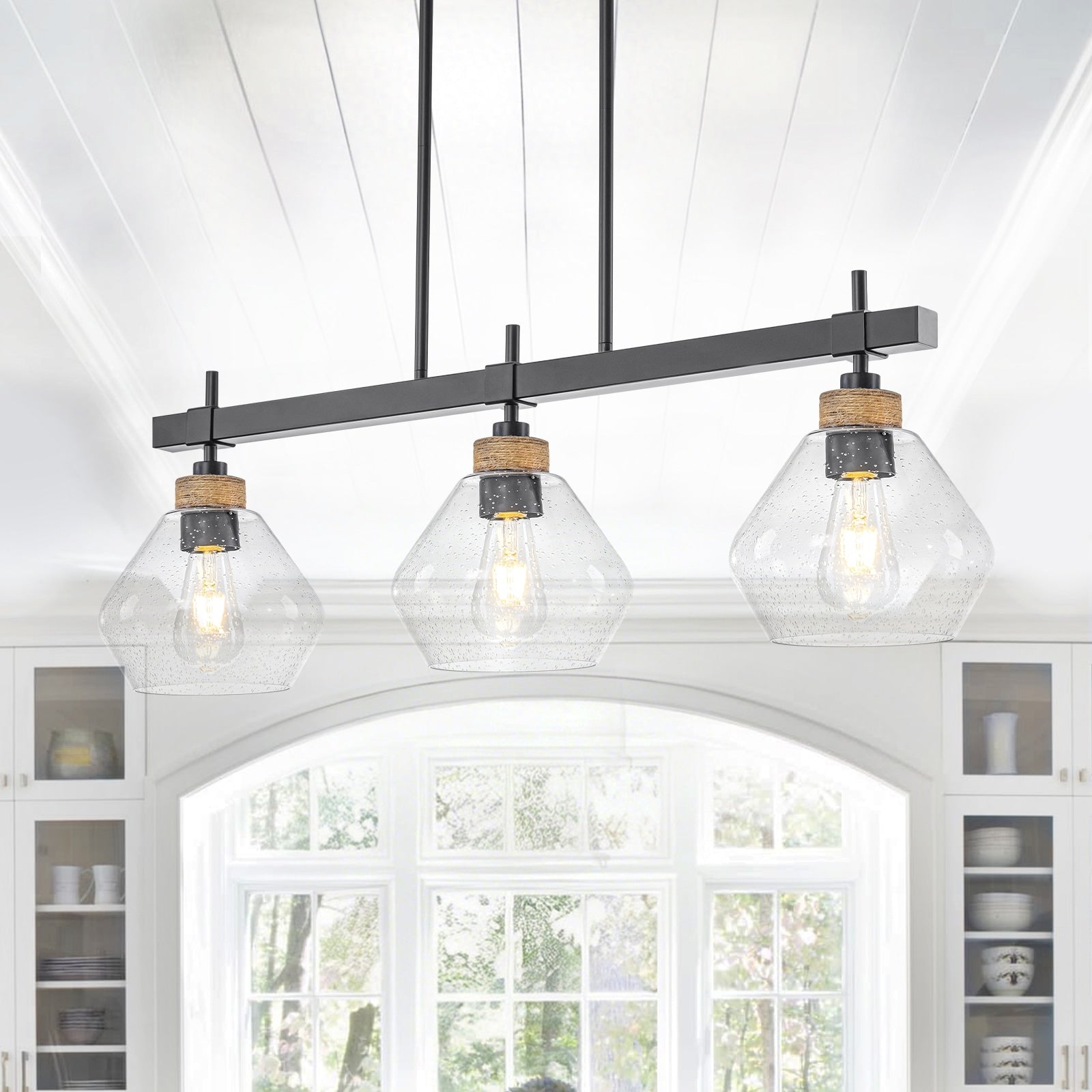 3 Light Black Linear Kitchen Pendant Light Clear Seeded Glass Shades W 33.46 In