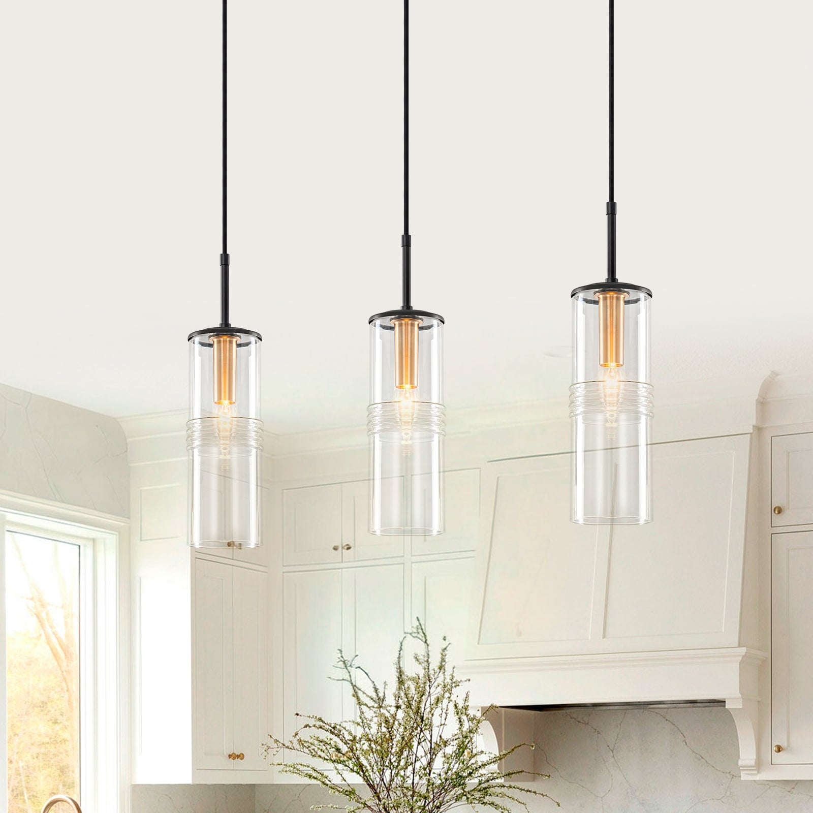 3 Light Black Linear Pendant Light Clear Cylindrical Glass Shades W 25.59 In