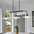 3 Light Black Linear Pendant Light With Pleated Clear Glass Shades Dia.35.43 In