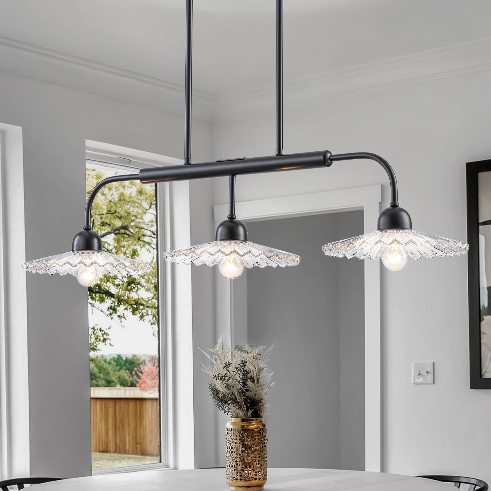 3 Light Black Linear Pendant Light With Pleated Clear Glass Shades Dia.35.43 In