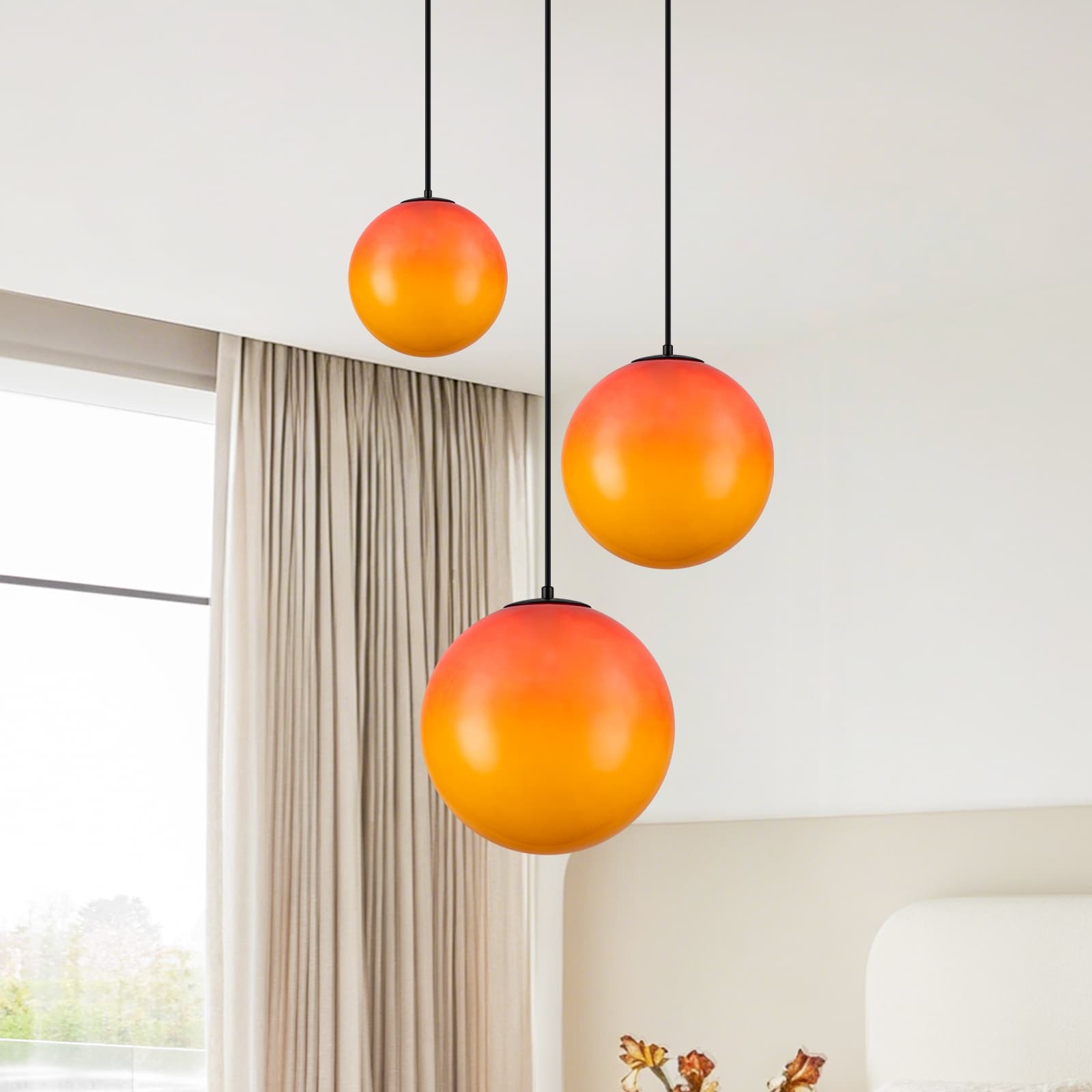 3 Light Black And Orange Gradient Glass Globe Pendant Adjustable 3 Lights