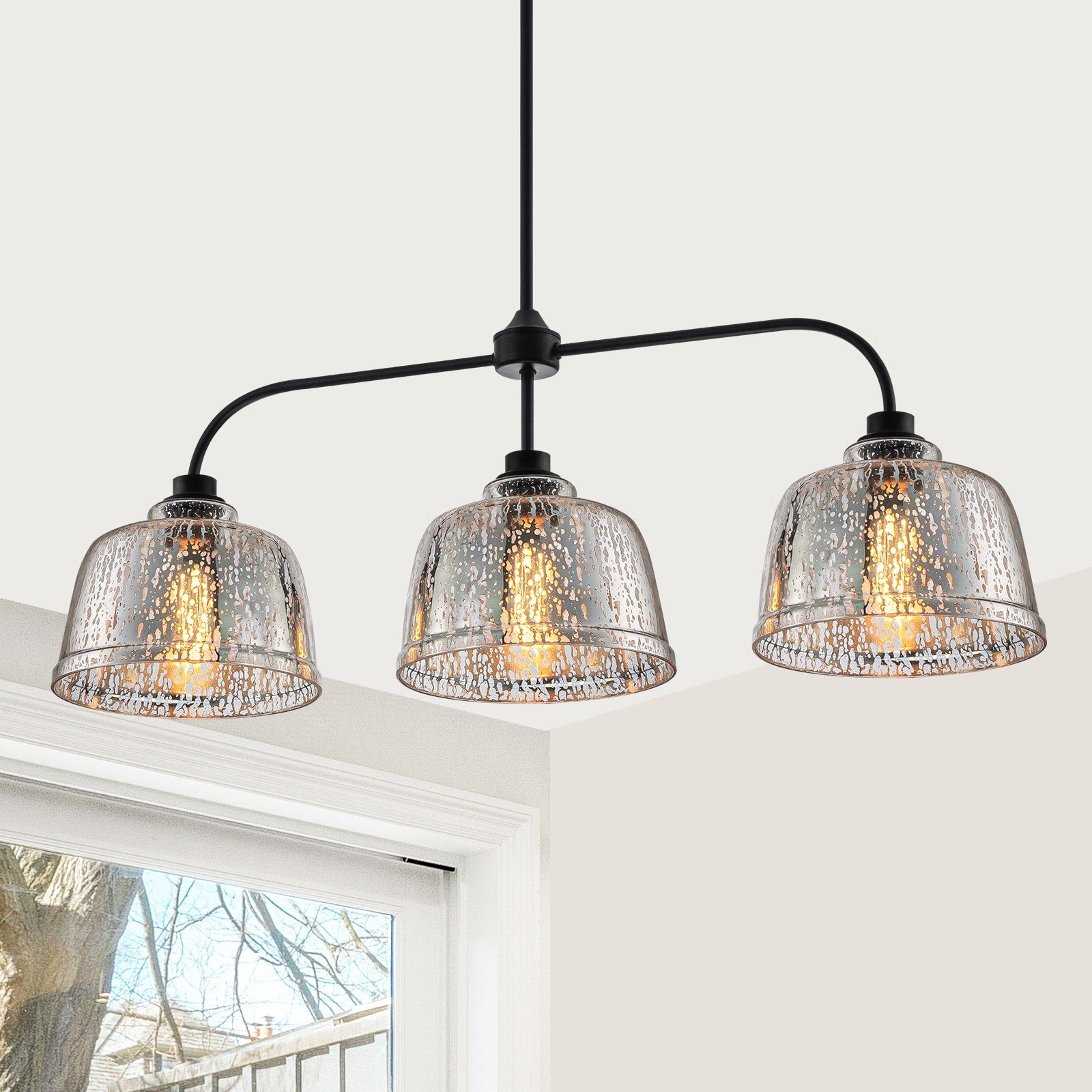 3 Light Bowl Shaped Mercury Glass Linear Island Pendant Light Dia.38.19 In