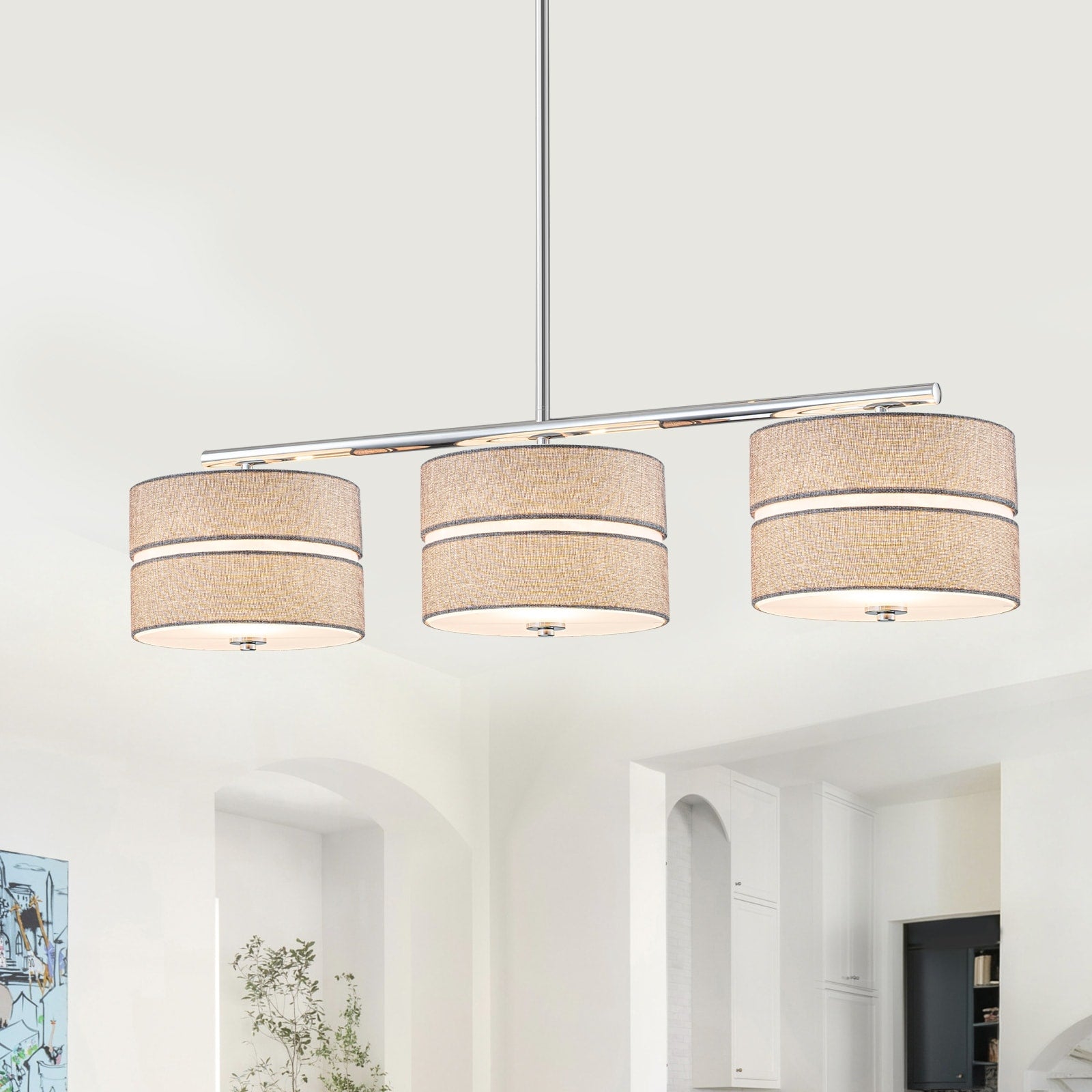 3 Light Brushed Nickel Linear Pendant Lightfabric Drum Shades W 43.31 In