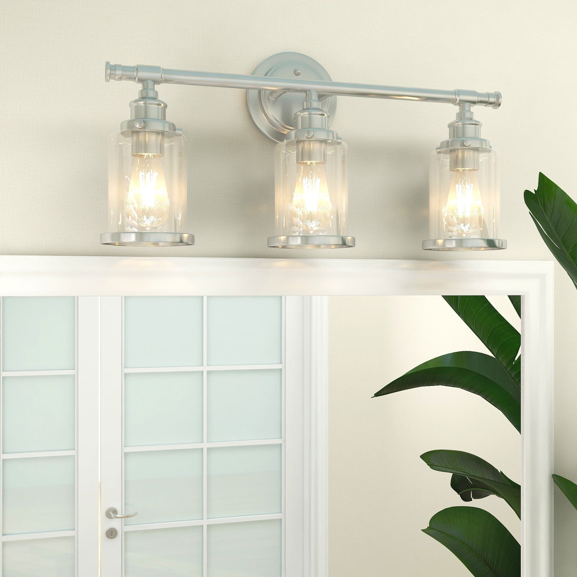 3 Light Brushed Nickle Linear Vanity Light With Towel Bar