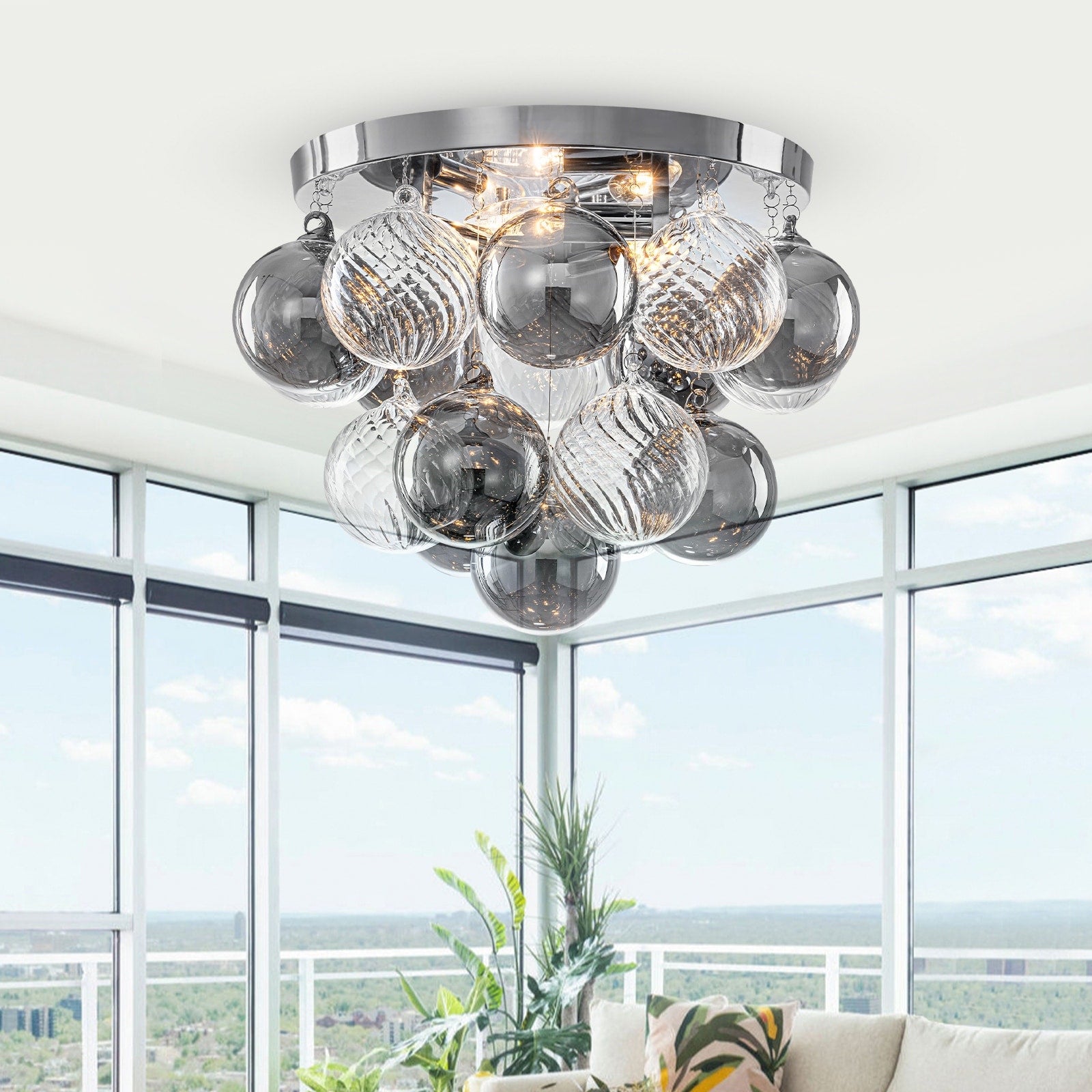 3 Light Chrome Round Flush Mount Ceiling Light With Clear Glass Globe Dia.16.93 In