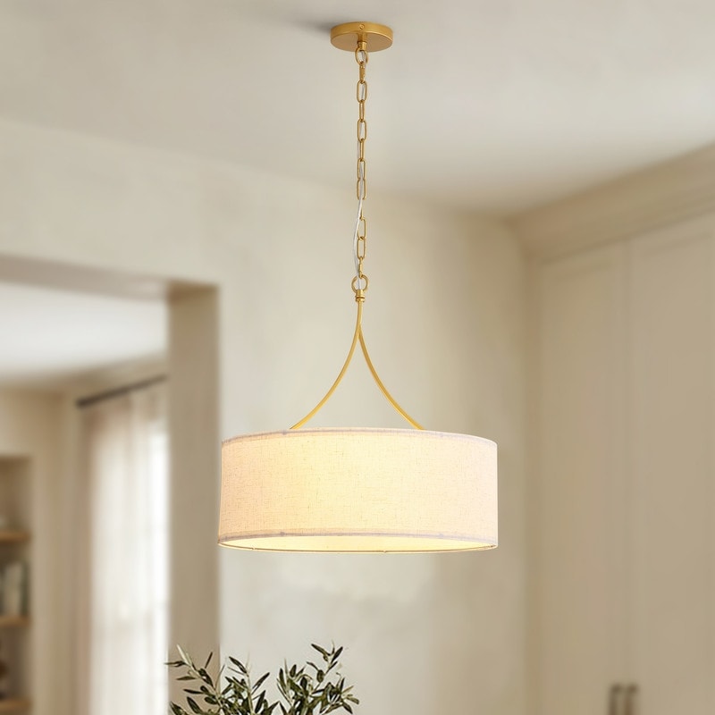 3 Light Drum Pendant Light 19.7 Modern Dining Room Chandelier Over Table Adjustable Height Fabric Shade Ceiling Light Fixture