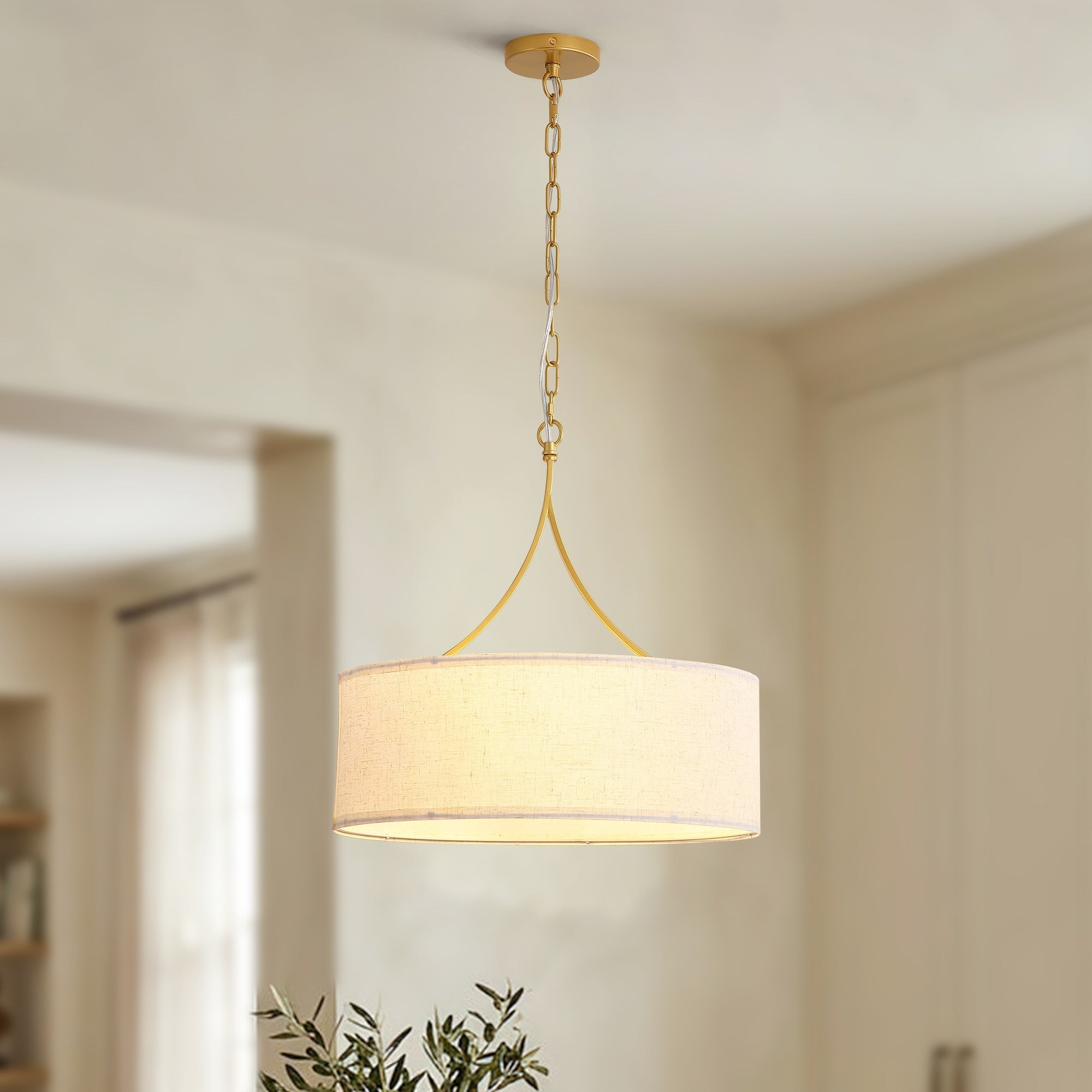 3 Light Gold Fabric Drum Pendant Light Transitional Farmhouse Dining Room Chandelier Over Table Adjustable Height Ceiling Light