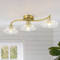 3 Light Gold Linear Flush Mount Ruffled Lotus Leaf Clear Glass Shades W27.56 Inch