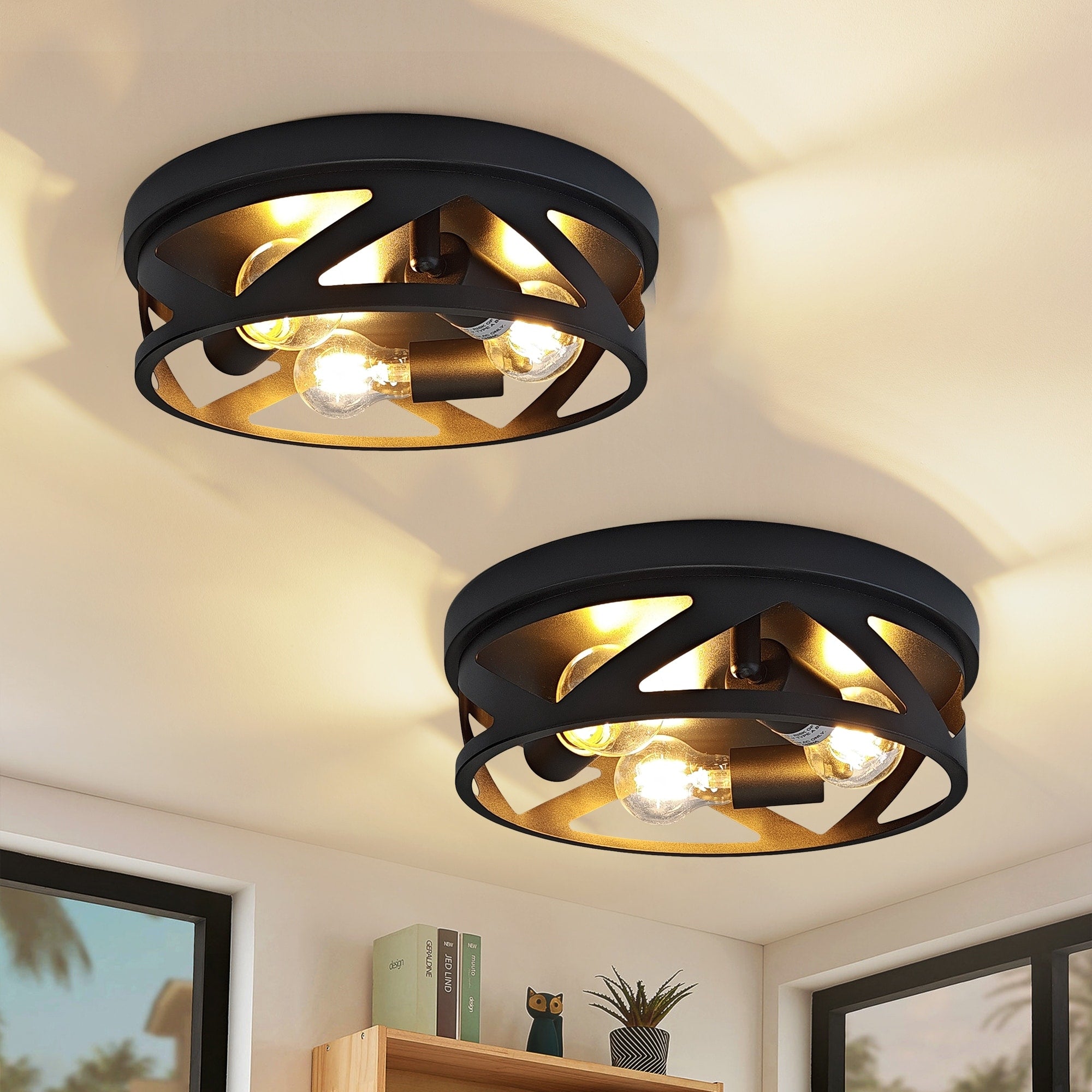 3 Light Industrial Flush Mount Ceiling Light Black Metal Cage E26 Base Modern Farmhouse Lighting For Hallway Bedroom
