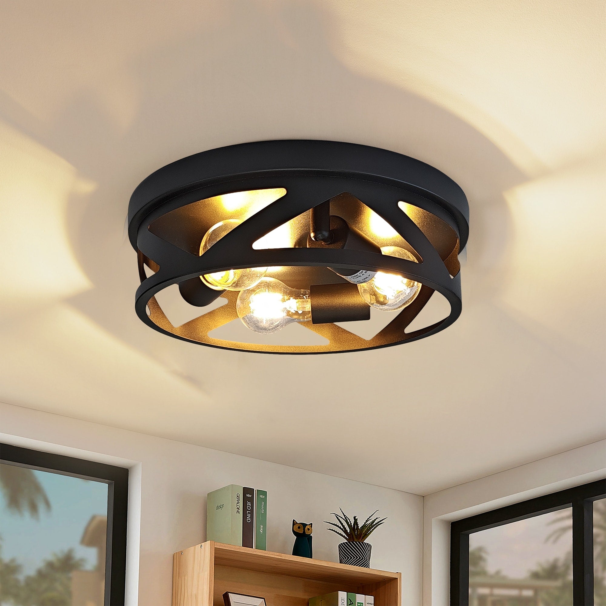3 Light Industrial Flush Mount Ceiling Light Black Metal Cage E26 Base Modern Farmhouse Lighting For Hallway Bedroom