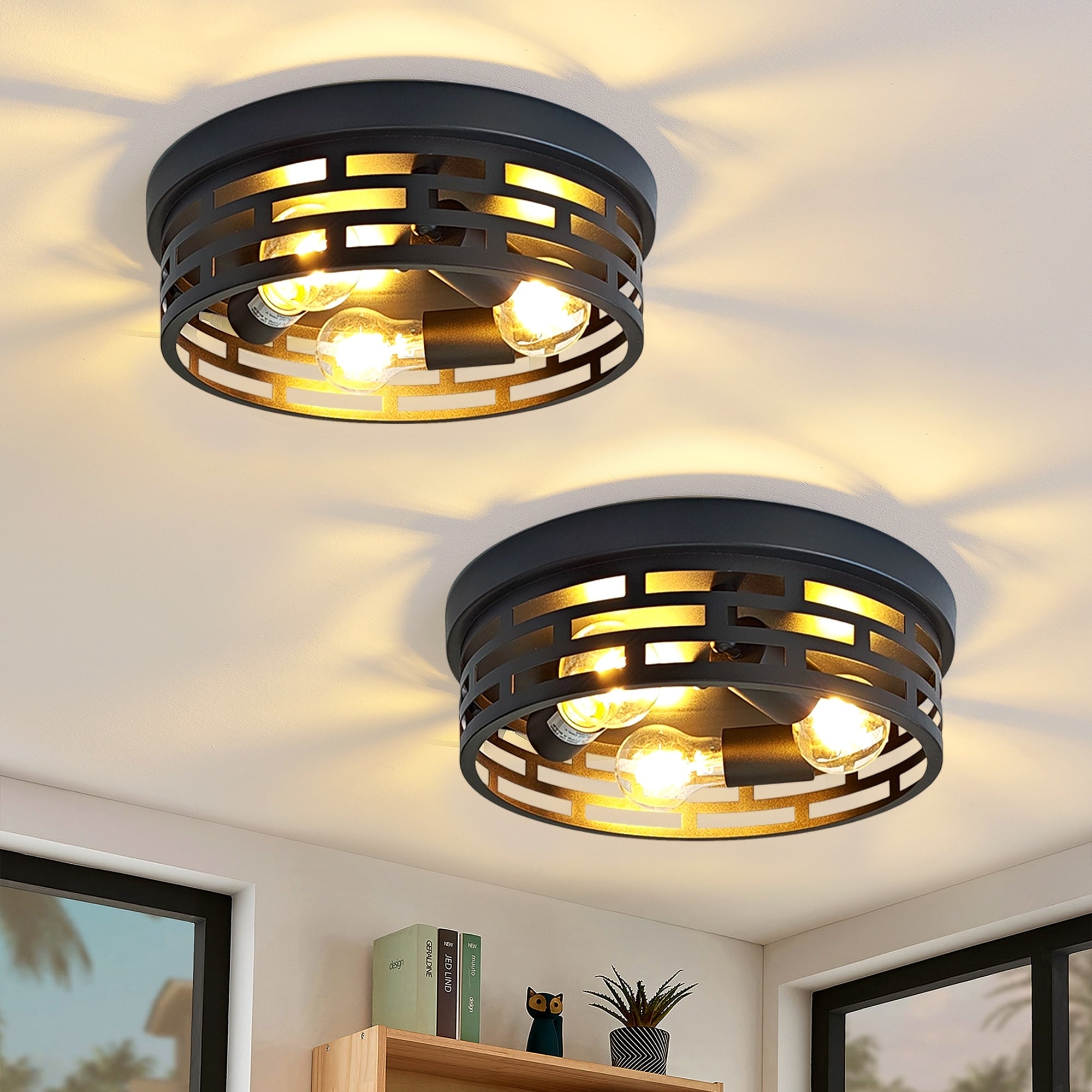 3 Light Industrial Flush Mount Ceiling Light Black Metal Cage E26 Base Modern Farmhouse Lighting For Hallway Bedroom