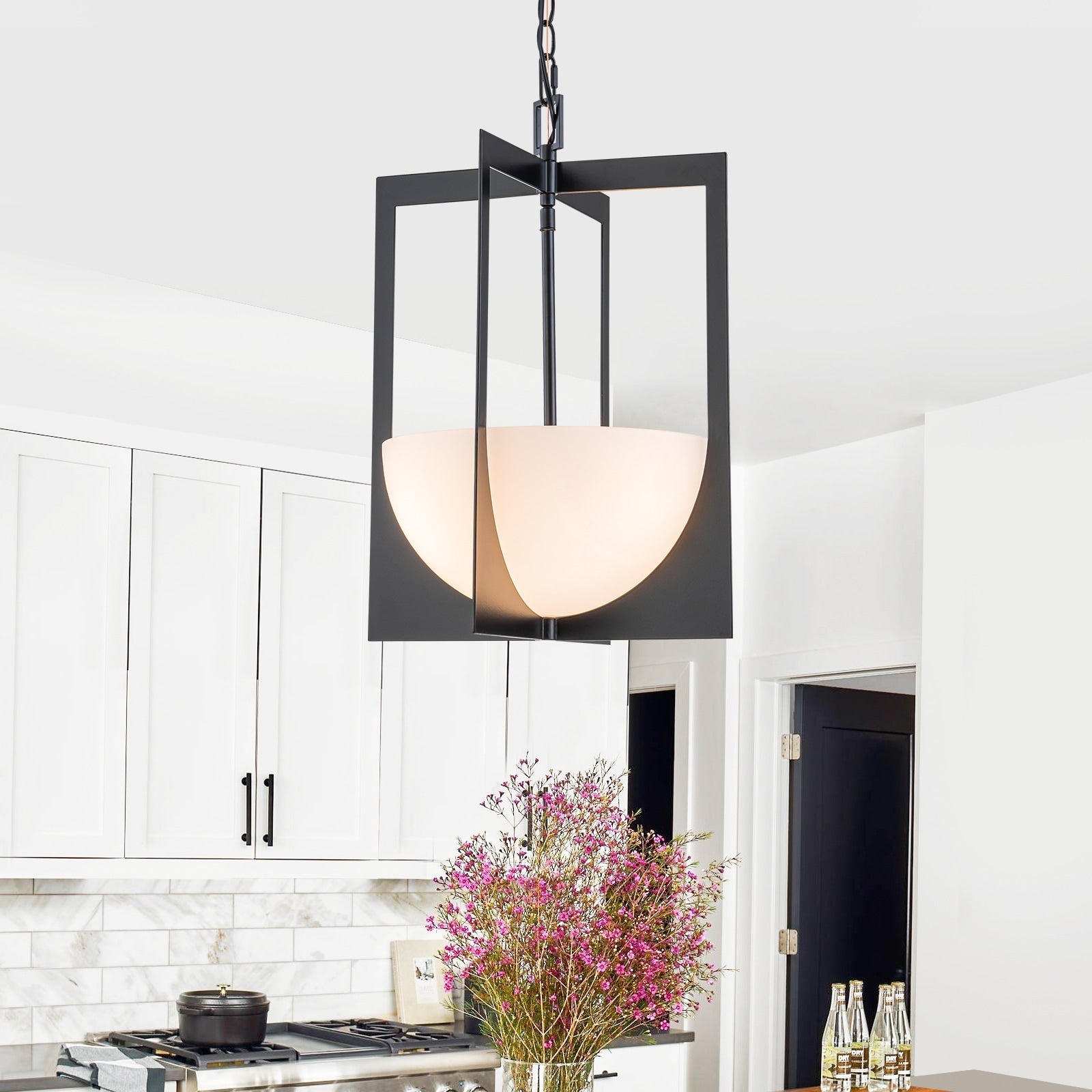 3 Light Industrial Square Frame Pendant Light Half Moon Opal Glass Dia.13.62 In