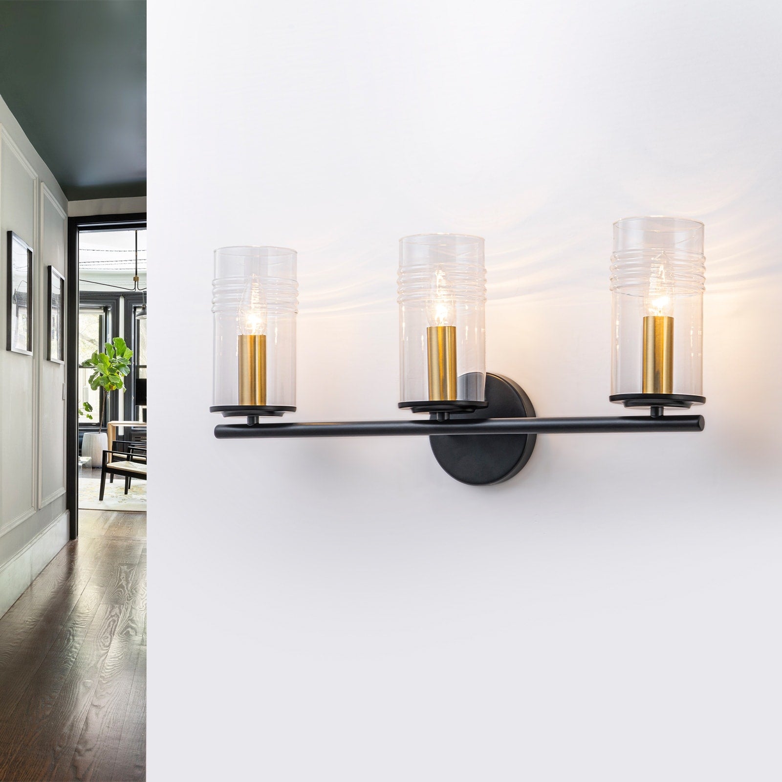 3 Light Industrial Wall Sconce With Clear Cylindrical Glass Shade