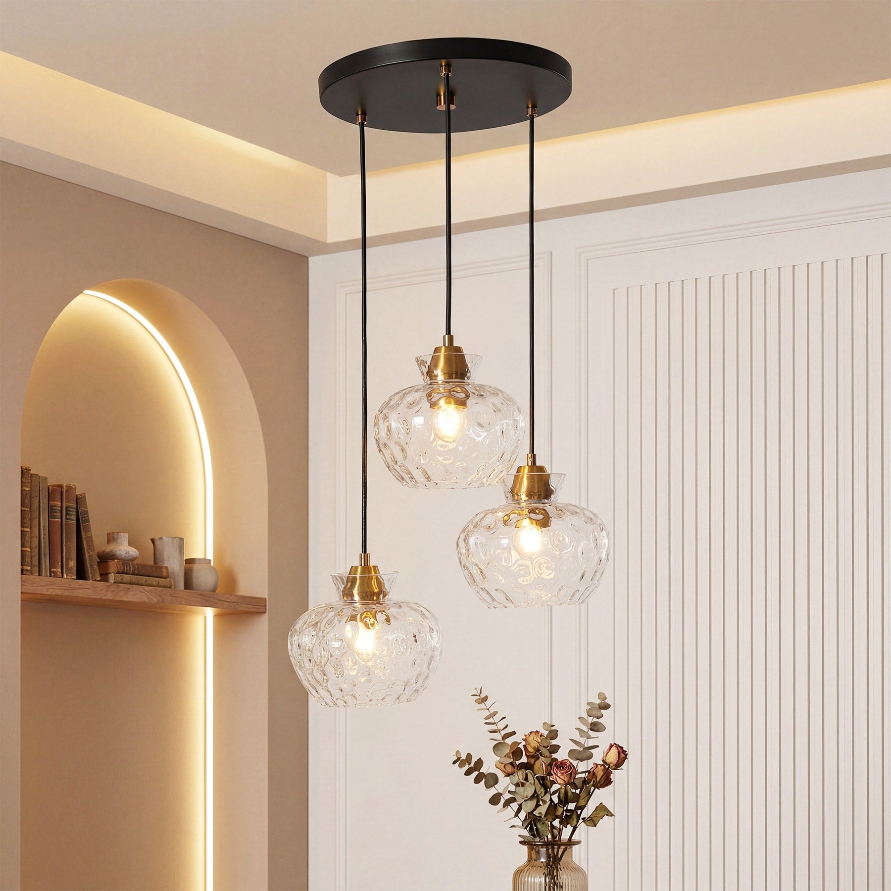 3 Light Island Pendant Light Modern Cluster Hanging Fixture With Water Ripple Glass Shades