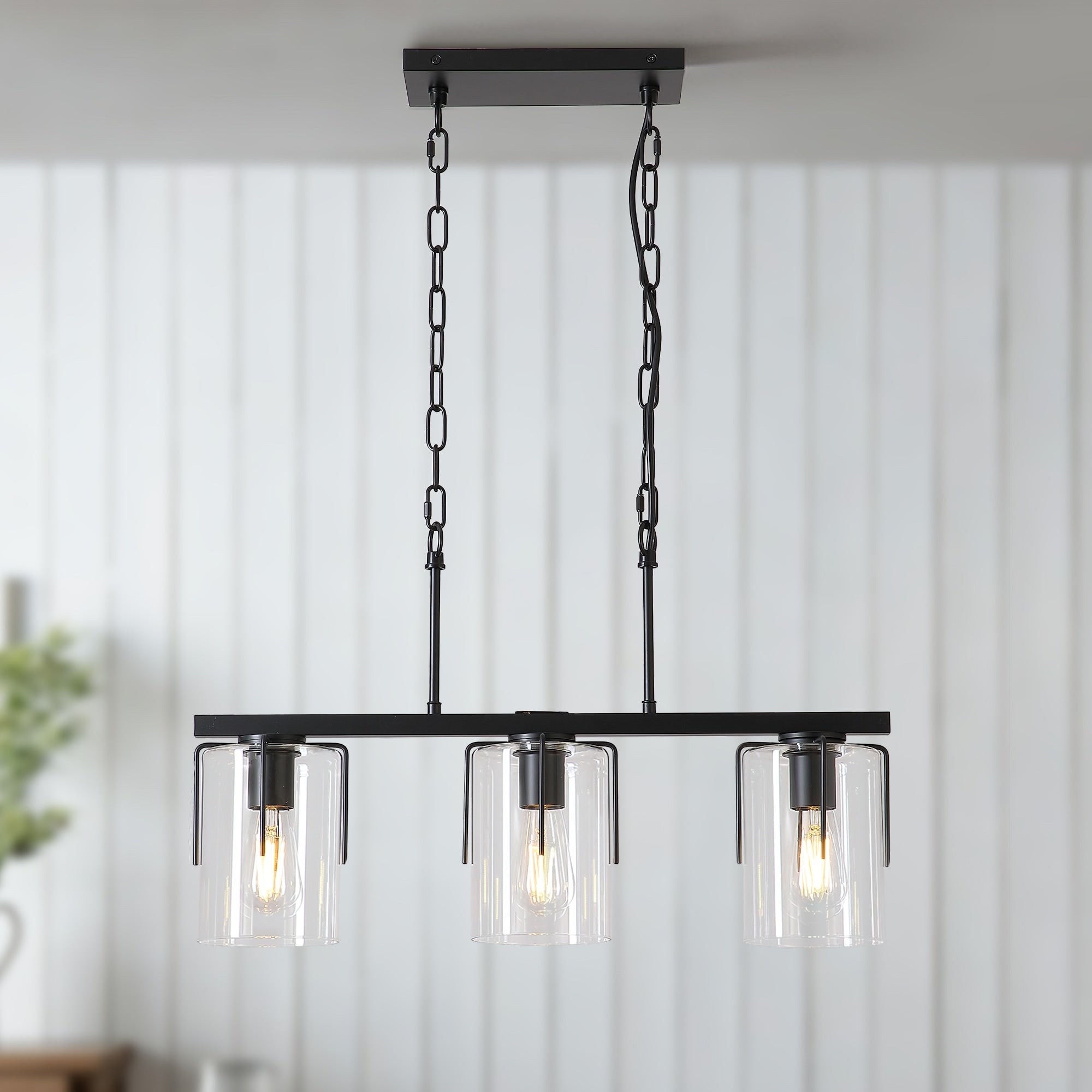 3 Light Linear Pendant Light Industrial Kitchen Island Lighting With Clear Glass Shades Adjustable Chain Chandelier