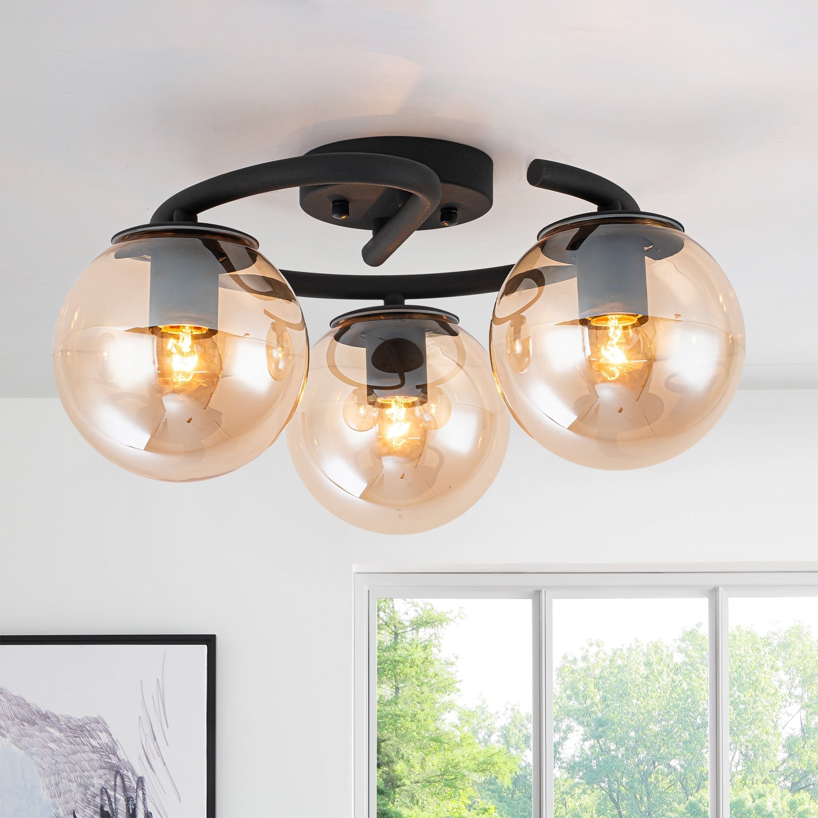 3 Light Matte Black Flush Mount Lighting Industrial With Amber Glass Globes Dia.16.93 In