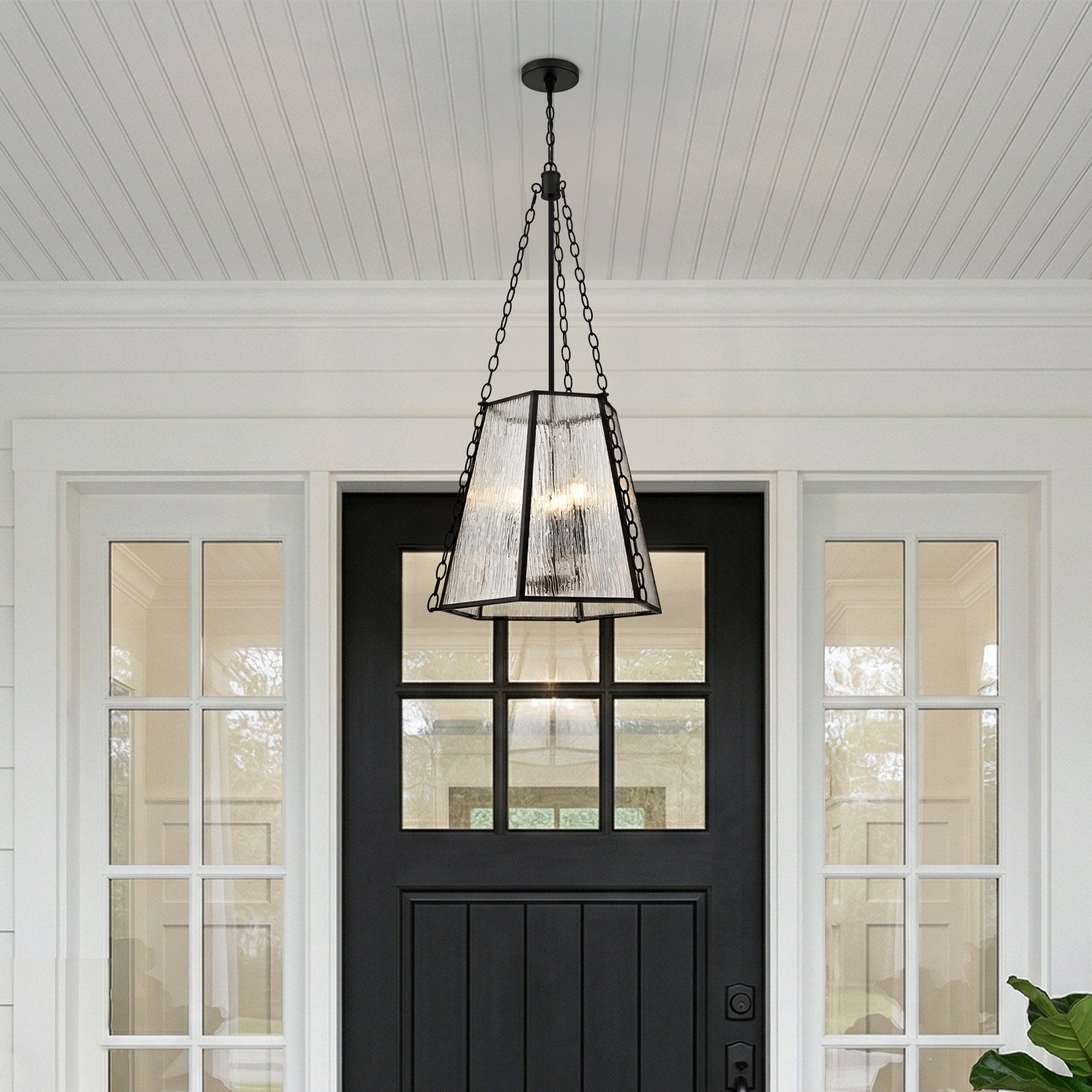 3 Light Matte Black Metal Pendant Light With Textured Glass Shade 17.7Inch