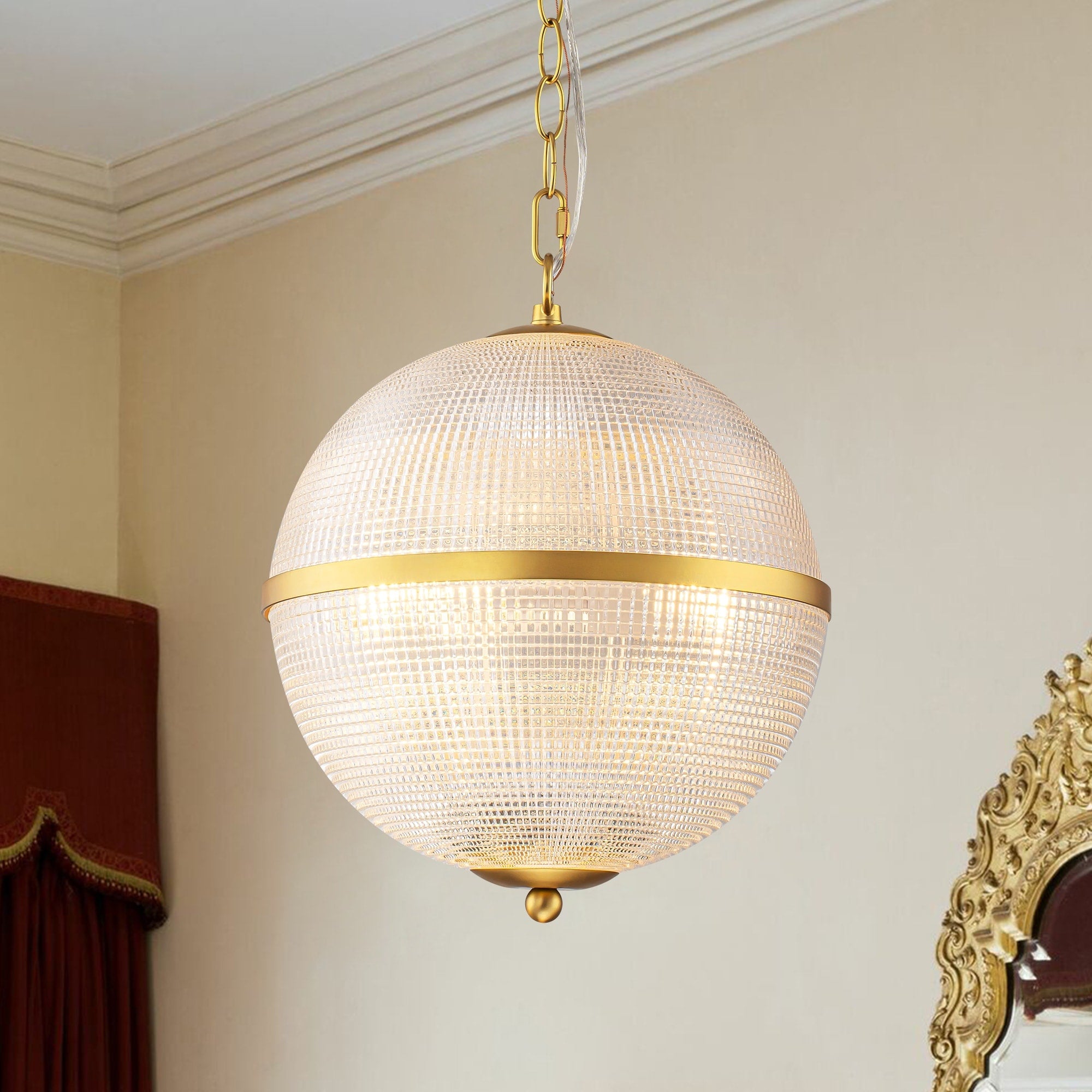 3 Light Mid Century Modern Glam Gold Grid Glass Globe Chandelier Ceiling Light 11.8 In. W X 13.39 In. H