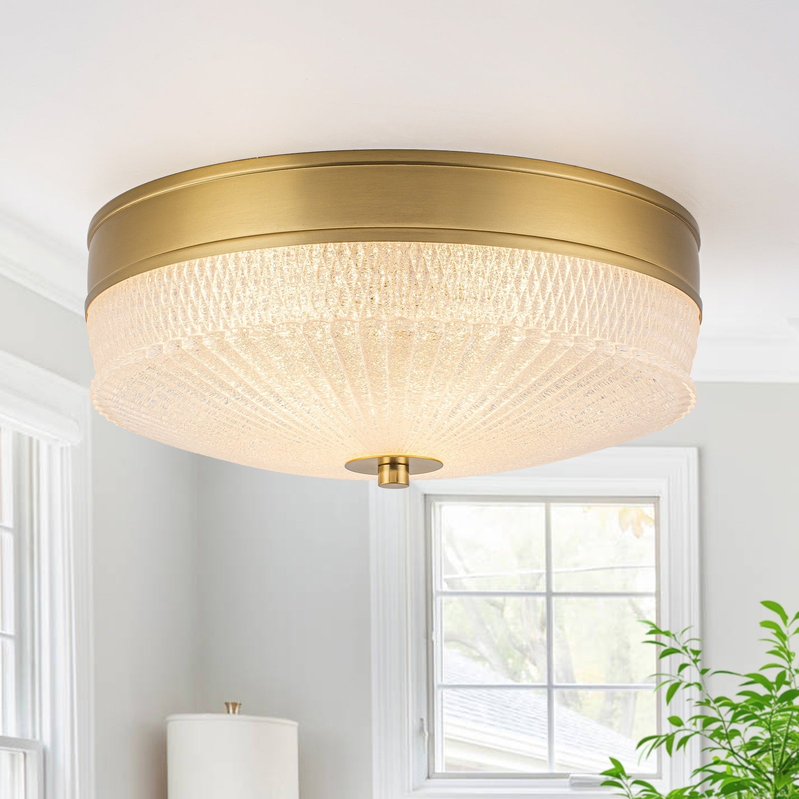 3 Light Modern Flush Mount Ceiling Light Ribbed Drum Glass Shade Dia.12.2 In