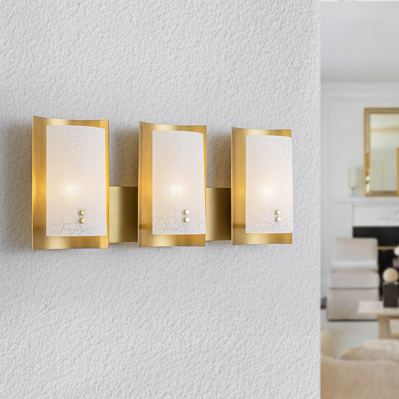 3 Light Modern Gold Wall Sconce Crackle Glass Shades Industrial