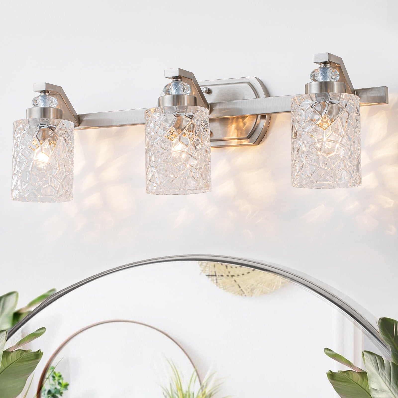 3 Light Nickel Bathroom Vanity Light Modern Textured Glass Shade W 24.41 In.