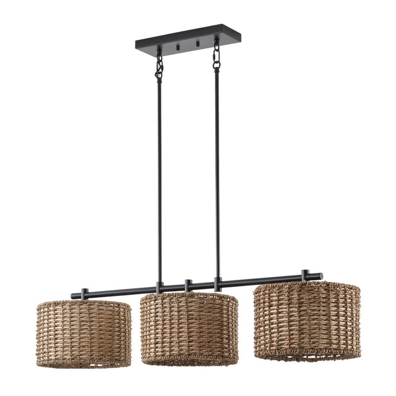 3 Light Rattan Pendant Light Black Iron Linear Hanging Ceiling Light For Kitchen Island Dining Room Farmhouse Boho Lighting
