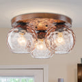 3 Light Rustic Wood Flush Mount Ceiling Light With Textured Amber Glass Shades Dia.16.54 In