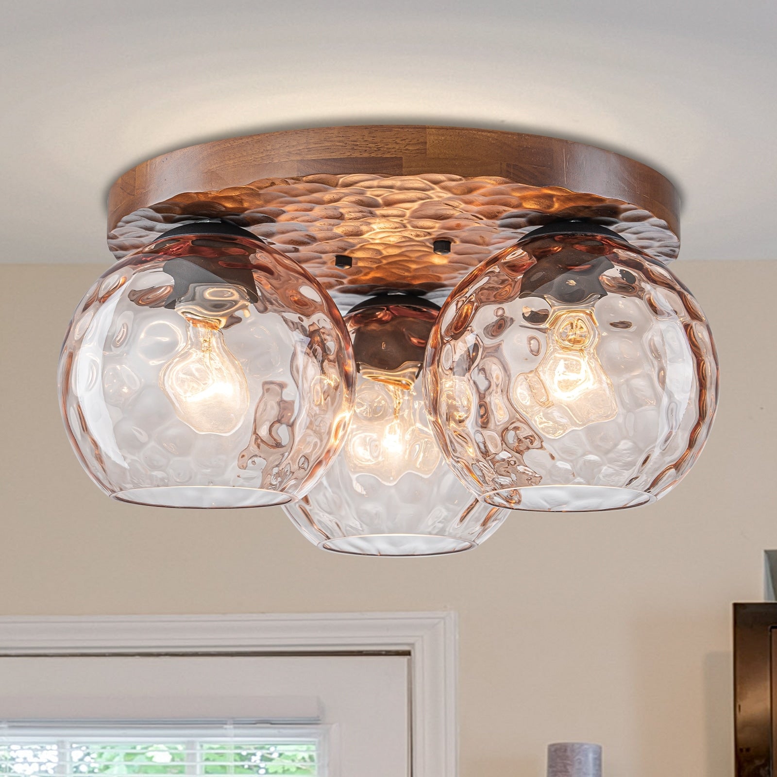 3 Light Rustic Wood Flush Mount Ceiling Light With Textured Amber Glass Shades Dia.16.54 In