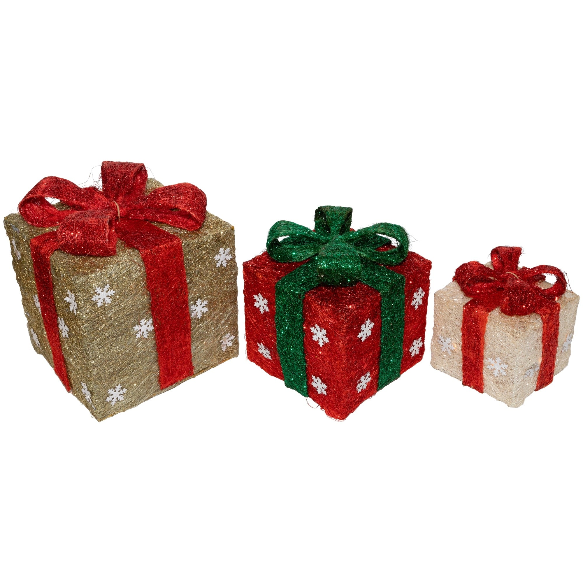 Set Of 3 Gold Red Cream Lighted Sisal Gift Boxes Christmas Outdoor Decorations N A