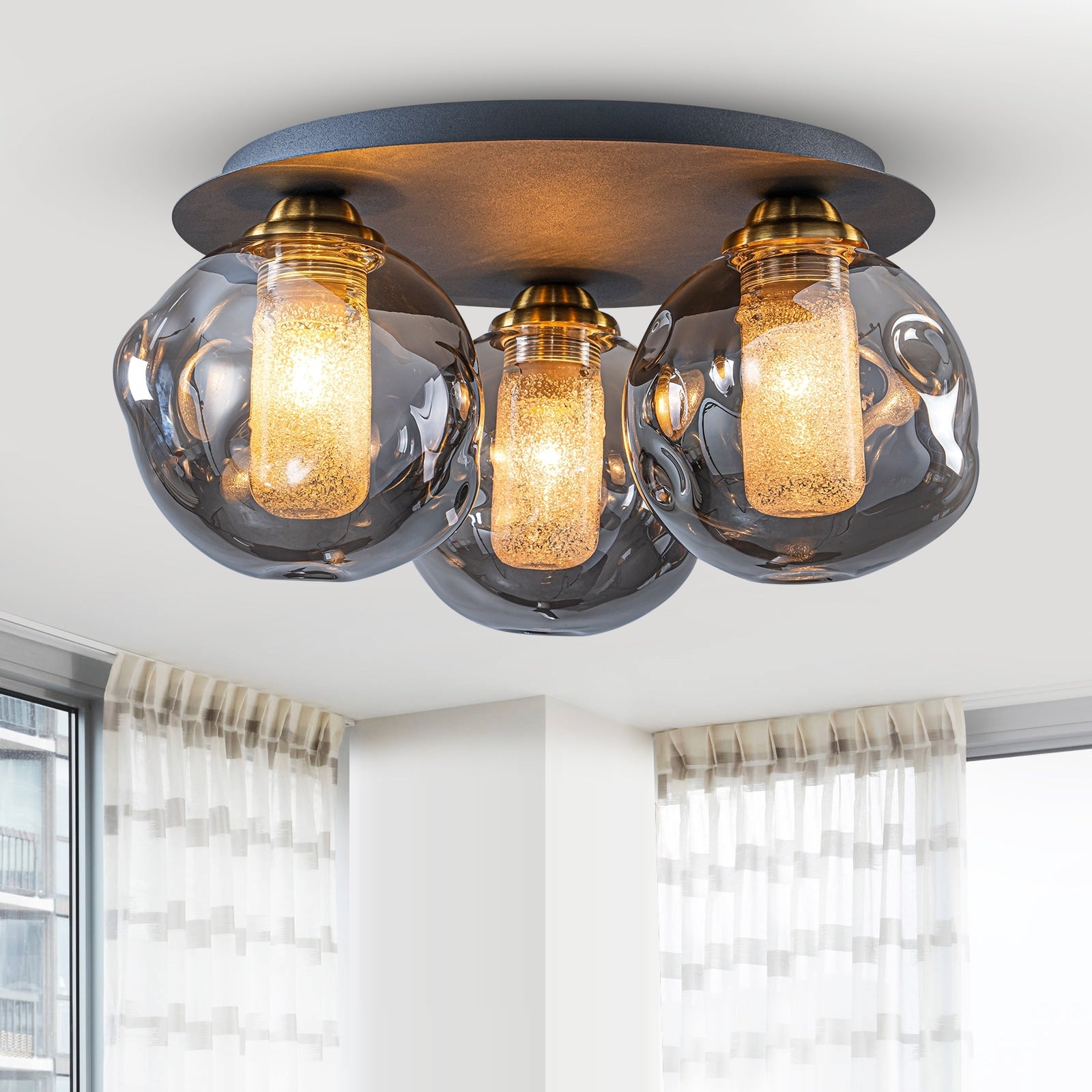 3 Lights Black Flush Mount Ceiling Light With Smoked Glass Shades Dia.15.74 In